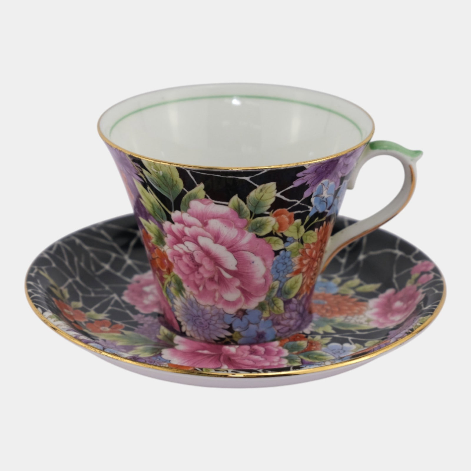 Shelley Mid Century English Bone China Black Crackle Chintz Teacup Saucer 0199 (1 of 6)