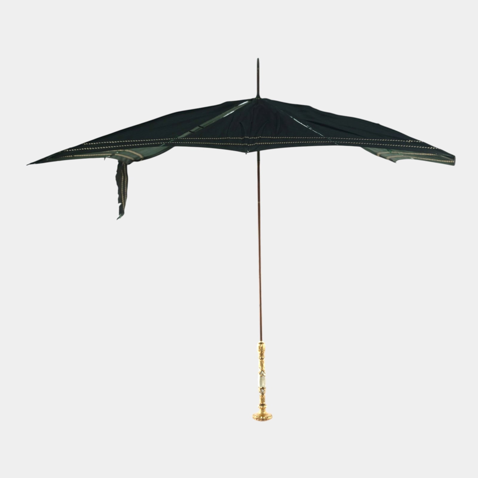 Late 19th Century Victorian Ornately Carved Golden Handle Green Parasol Umbrella (1 of 6)