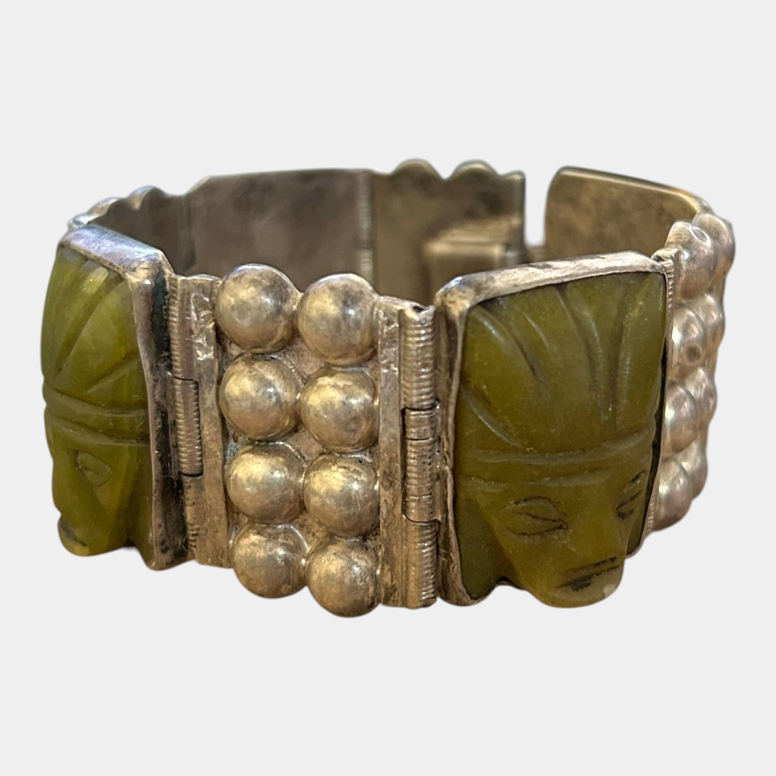 Mexican 1920s Sterling Silver 925 & Green Onyx Carved Aztec Faces Panel Bracelet 7.75" Long 101 (1 of 4)