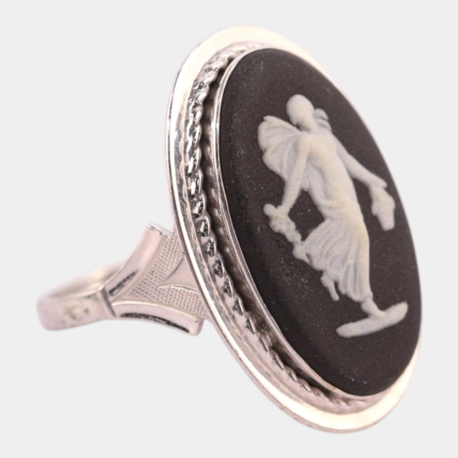 Wedgwood Black Jasperware Cameo 14K White Gold Braided Bezel Art Deco Shank Ring Size 6 - 4
