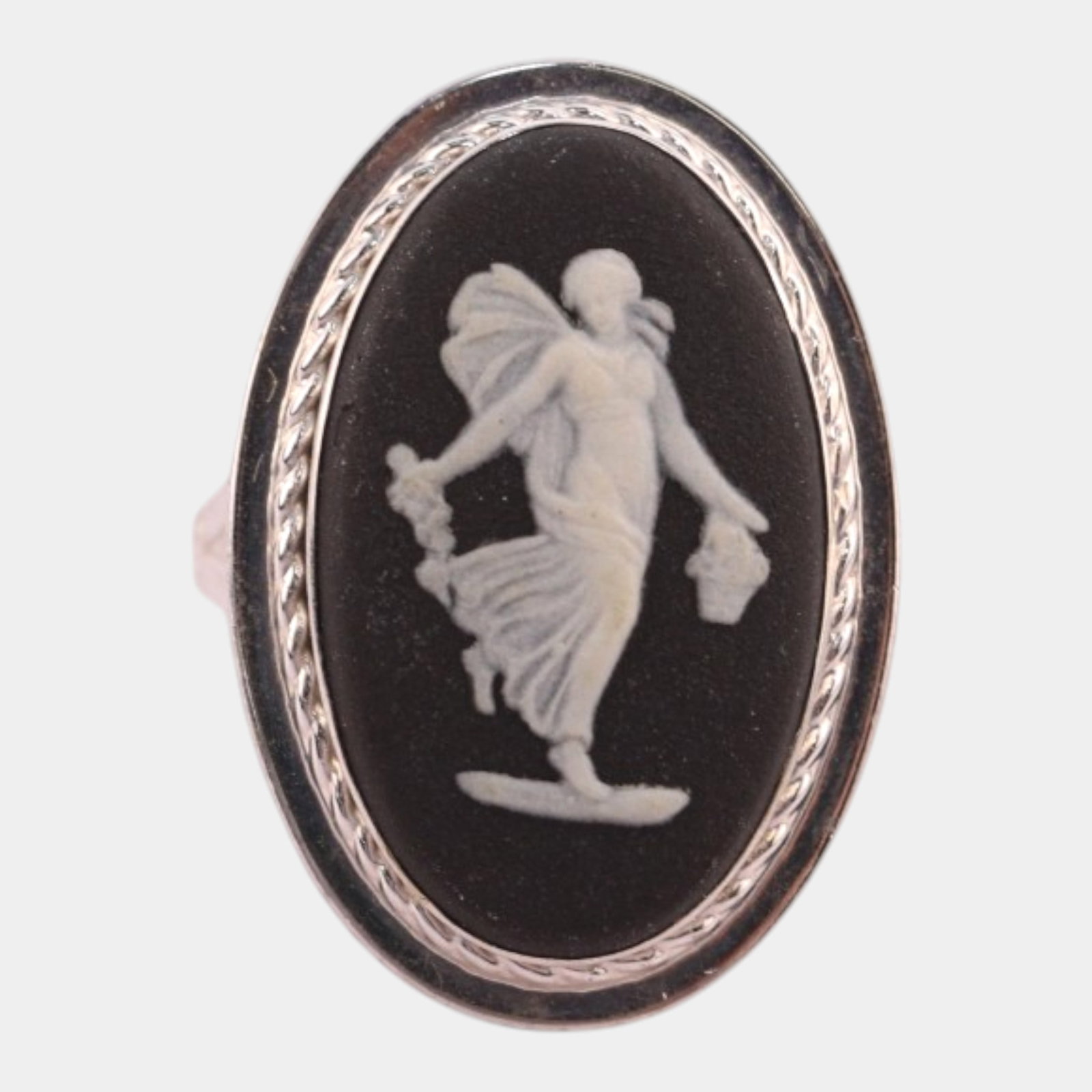 Wedgwood Black Jasperware Cameo 14K White Gold Braided Bezel Art Deco Shank Ring Size 6 - 5