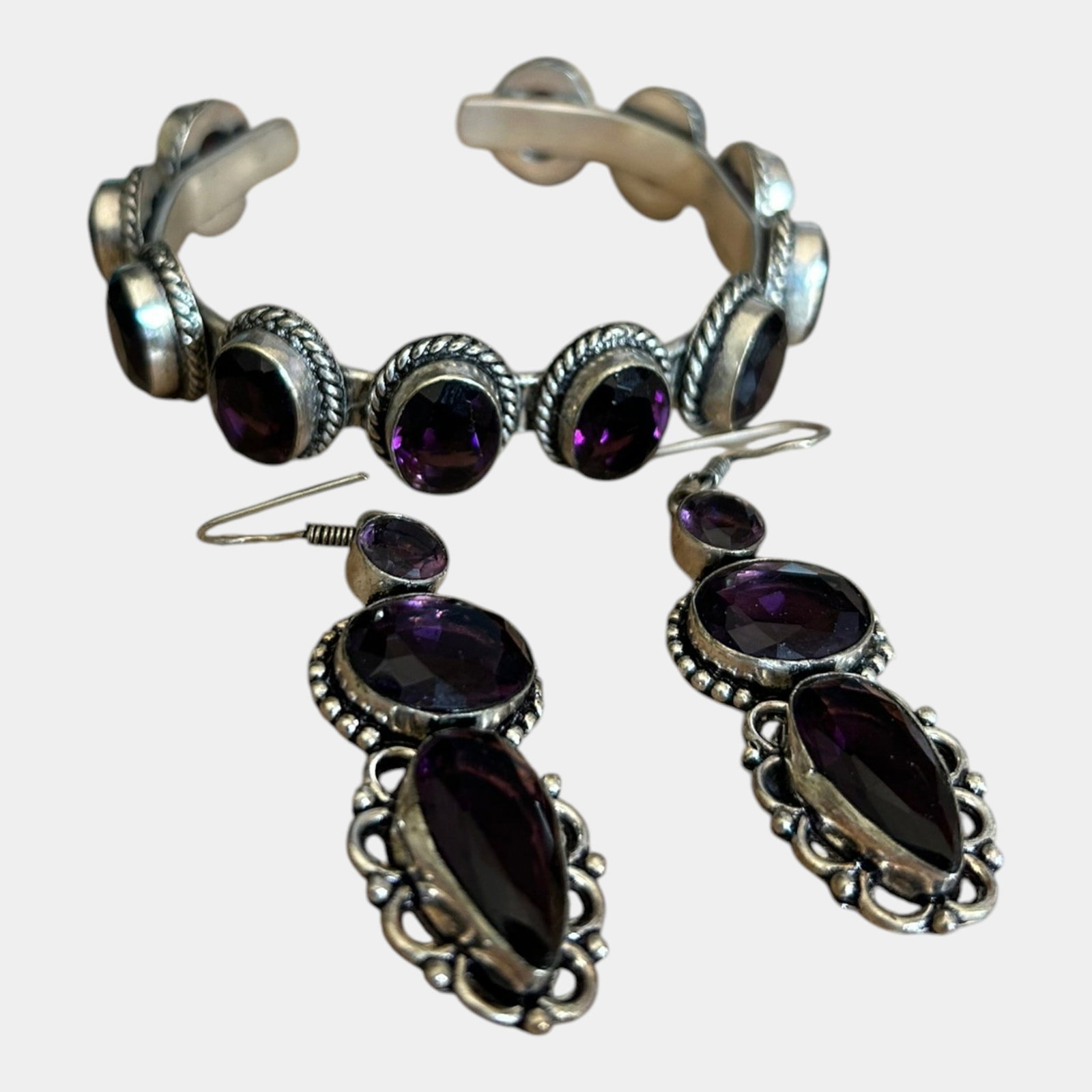 Sterling Silver 925 Deep Purple Amethyst Stones Braided Bezel Bracelet And Matching Drop Earring Set (1 of 6)