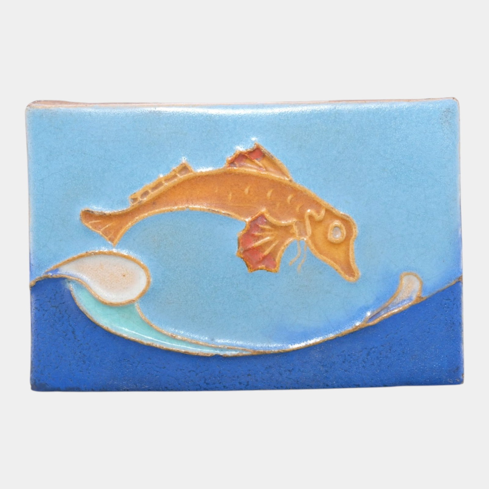 Mueller Mosaic Company Art Deco Pottery Orange Blue Leaping Fish Ceramic Tile (1 of 6)