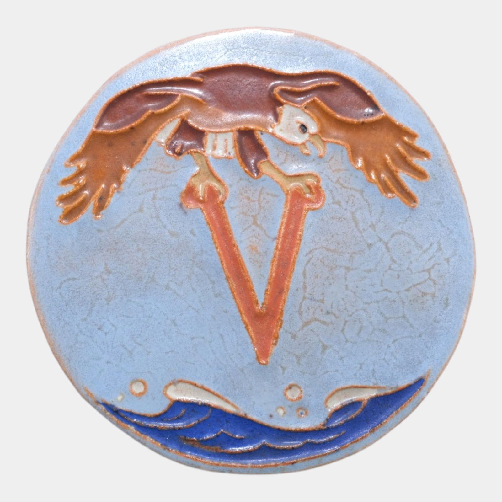 Mueller Mosaic Company Art Deco Pottery Blue Victory Eagle Ceramic Round Tile (1 of 6)