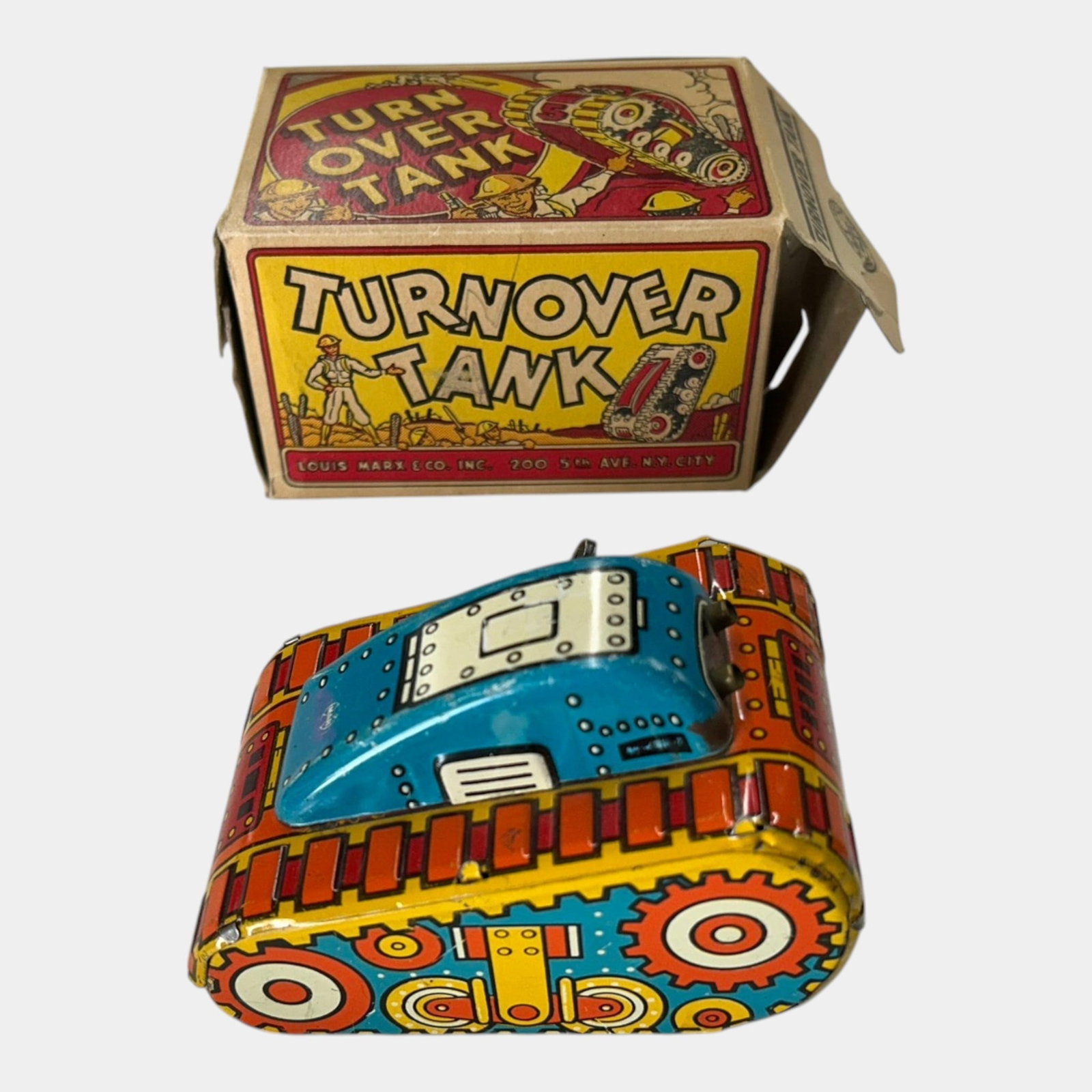 Marx USA 1950s Tin Litho Blue Orange Flip Over Tank Windup Toy With Original Box (1 of 5)