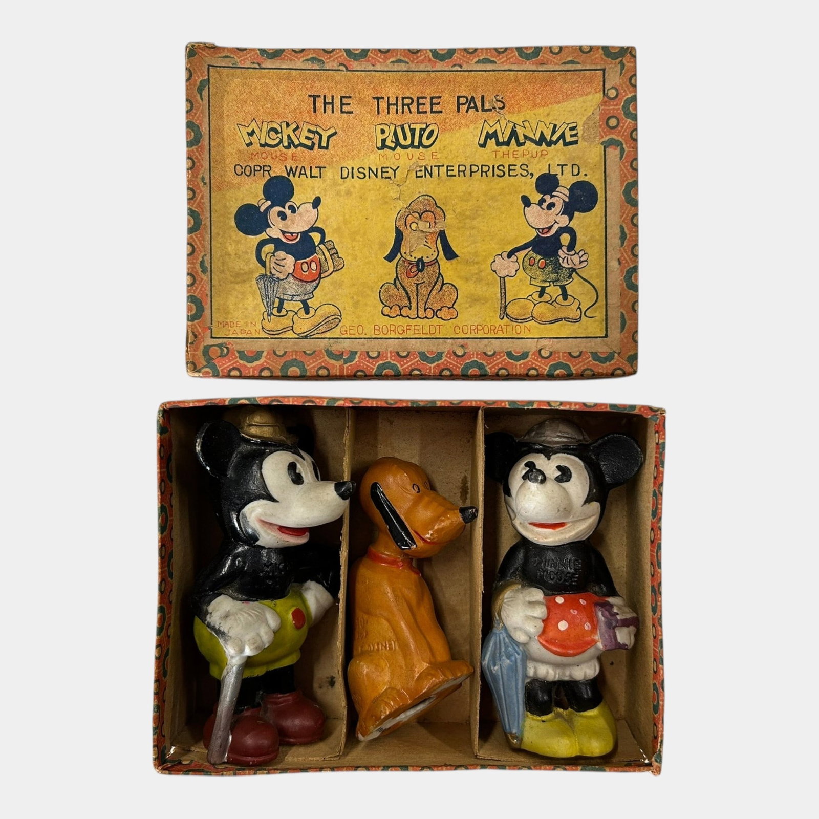 Geo Borgfeldt Corp Walt Disney 1930s Mickey & Minnie Mouse With Pluto Bisque Figurines With Box: Professional, fast, and affordable in house shipping available for all items. Geo Borgfeldt Corp Walt Disney 1930s Mickey & Minnie Mouse With Pluto Bisque Figurines With Box Charming and nostalgic, th