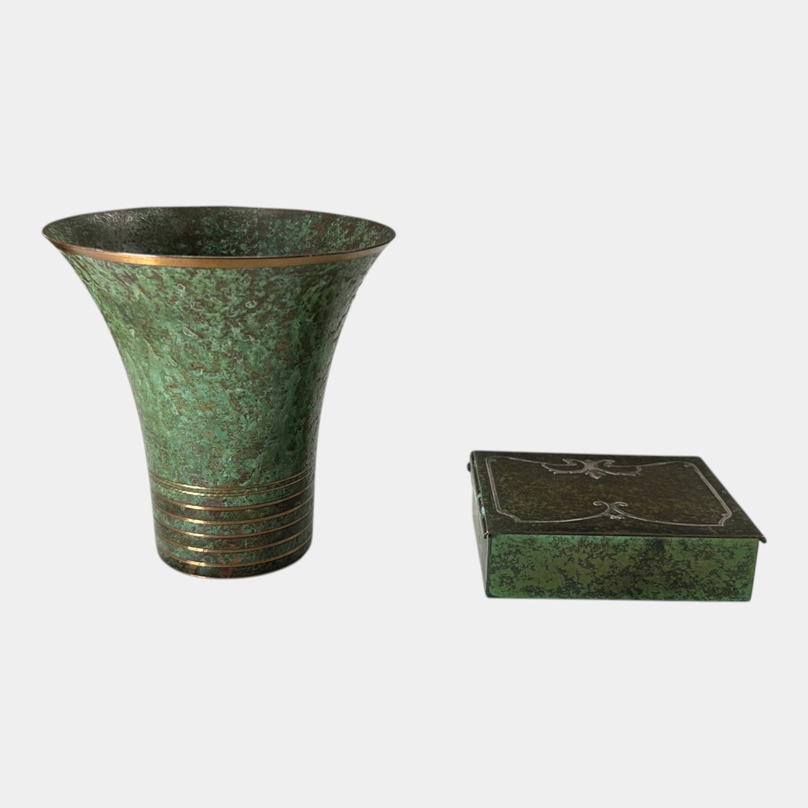 Heintz Sterling Silver Over Bronze & Carl Sorensen Verdigris With Gold Trim Arts And Crafts Humidor (1 of 9)
