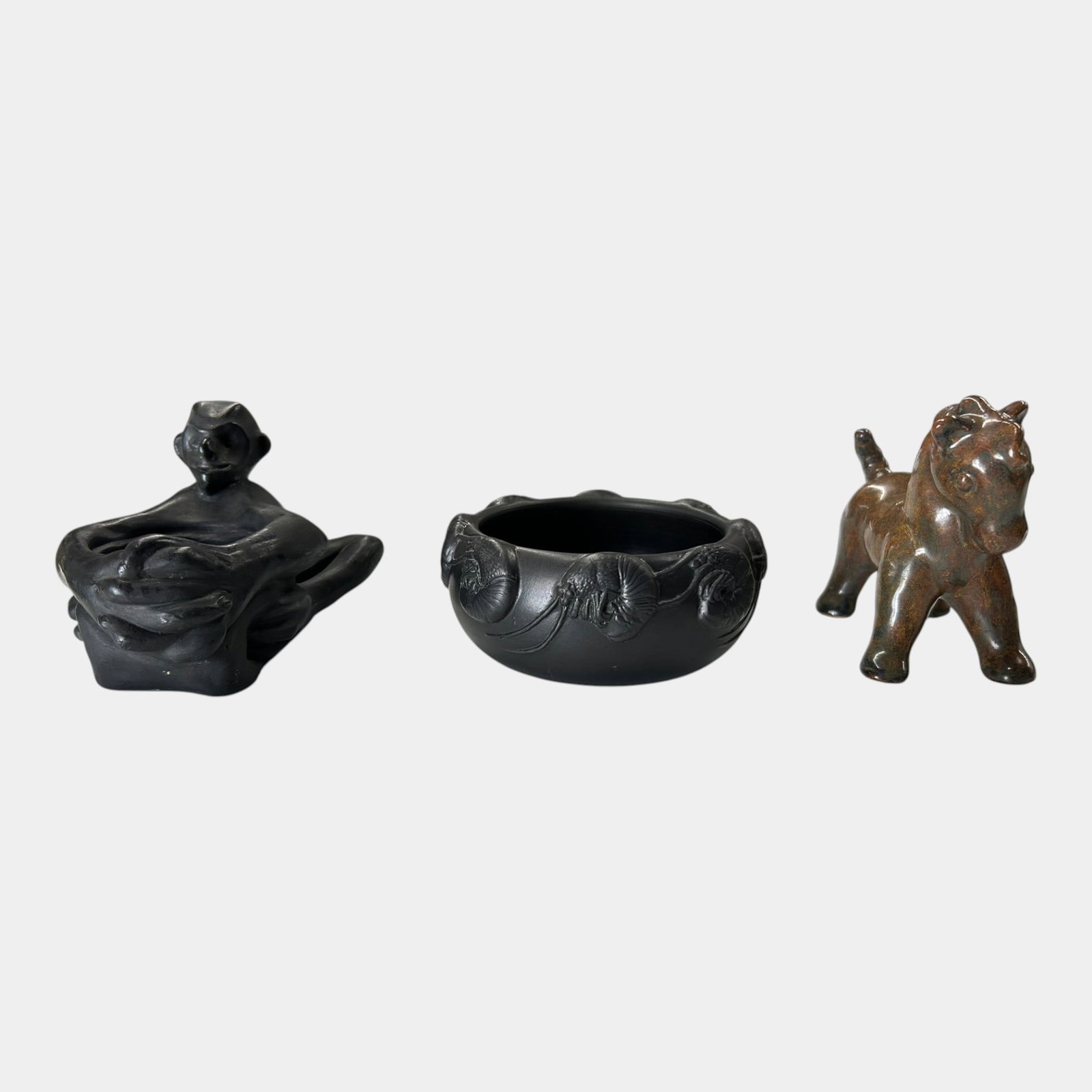 L Hjorth Danish Arts And Crafts Pottery Brown Figural Horse And Figural Prawn And Man Black Bowls (1 of 9)