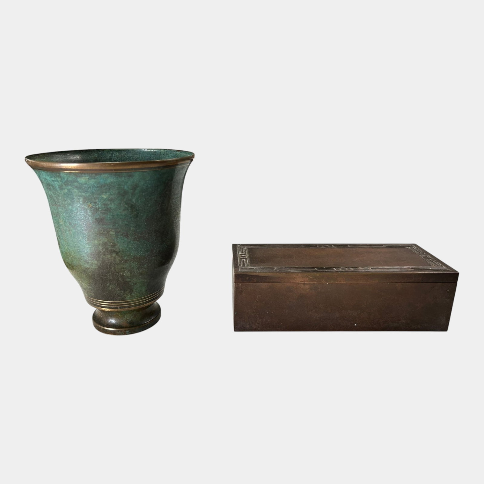 Heintz Sterling Silver Over Bronze & Carl Sorensen Verdigris With Gold Trim Arts And Crafts Humidor (1 of 9)