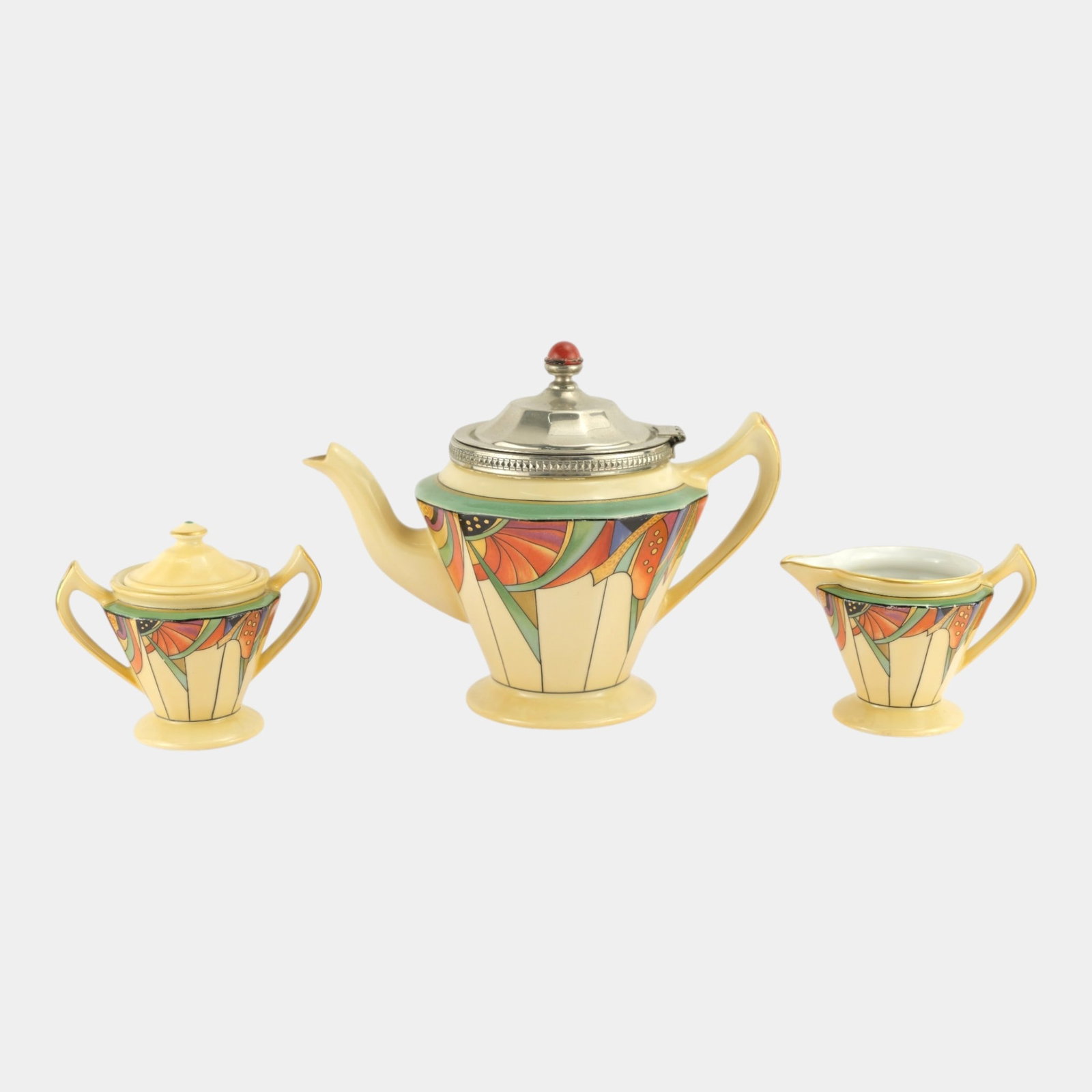 Royal Rochester & Fraunfelter China Co. 1928 Art Deco Art Pottery & Chrome Handled Tea Service (1 of 5)