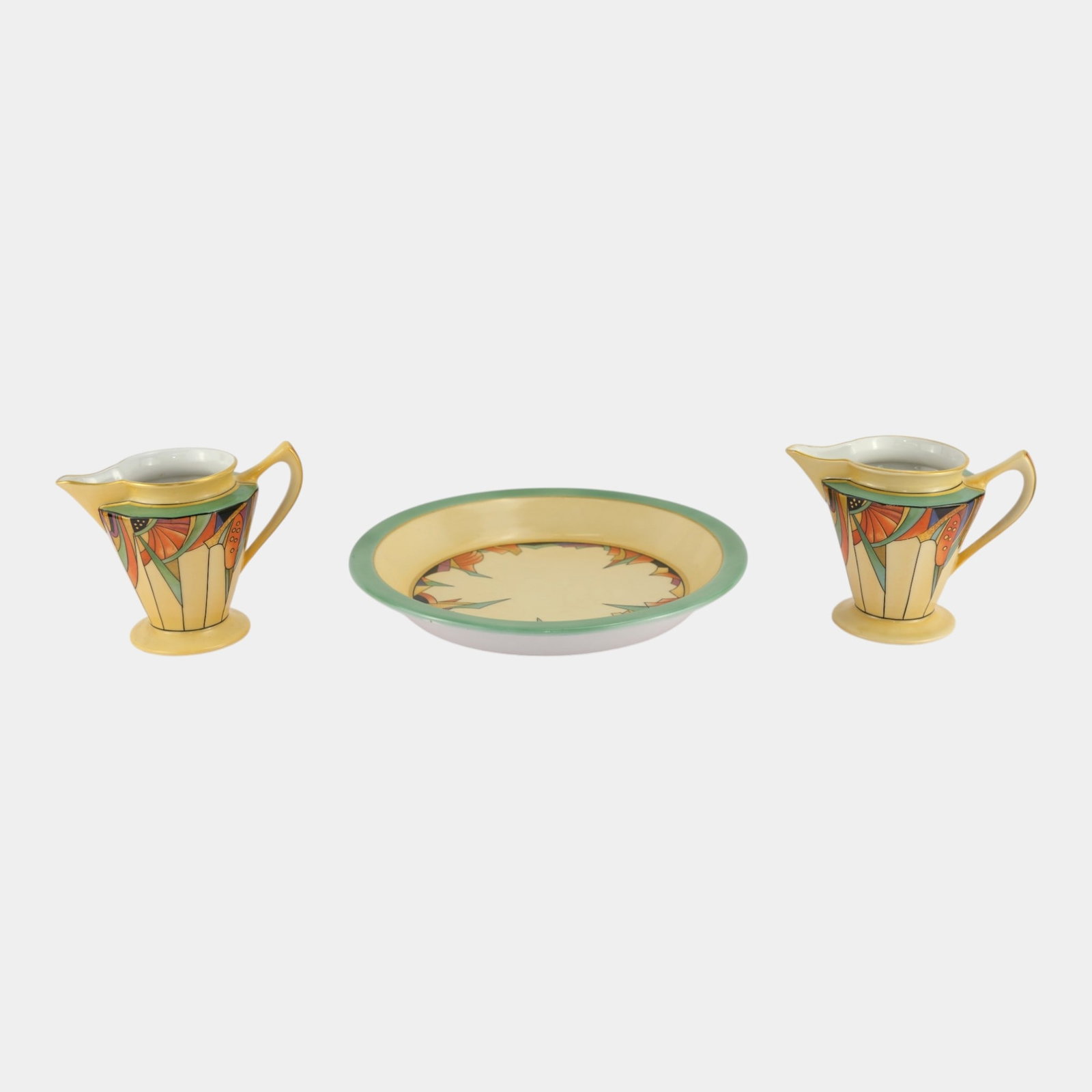 Royal Rochester & Fraunfelter China Co. 1928 Art Deco Art Pottery Handled Creamers And Pie Plate (1 of 4)
