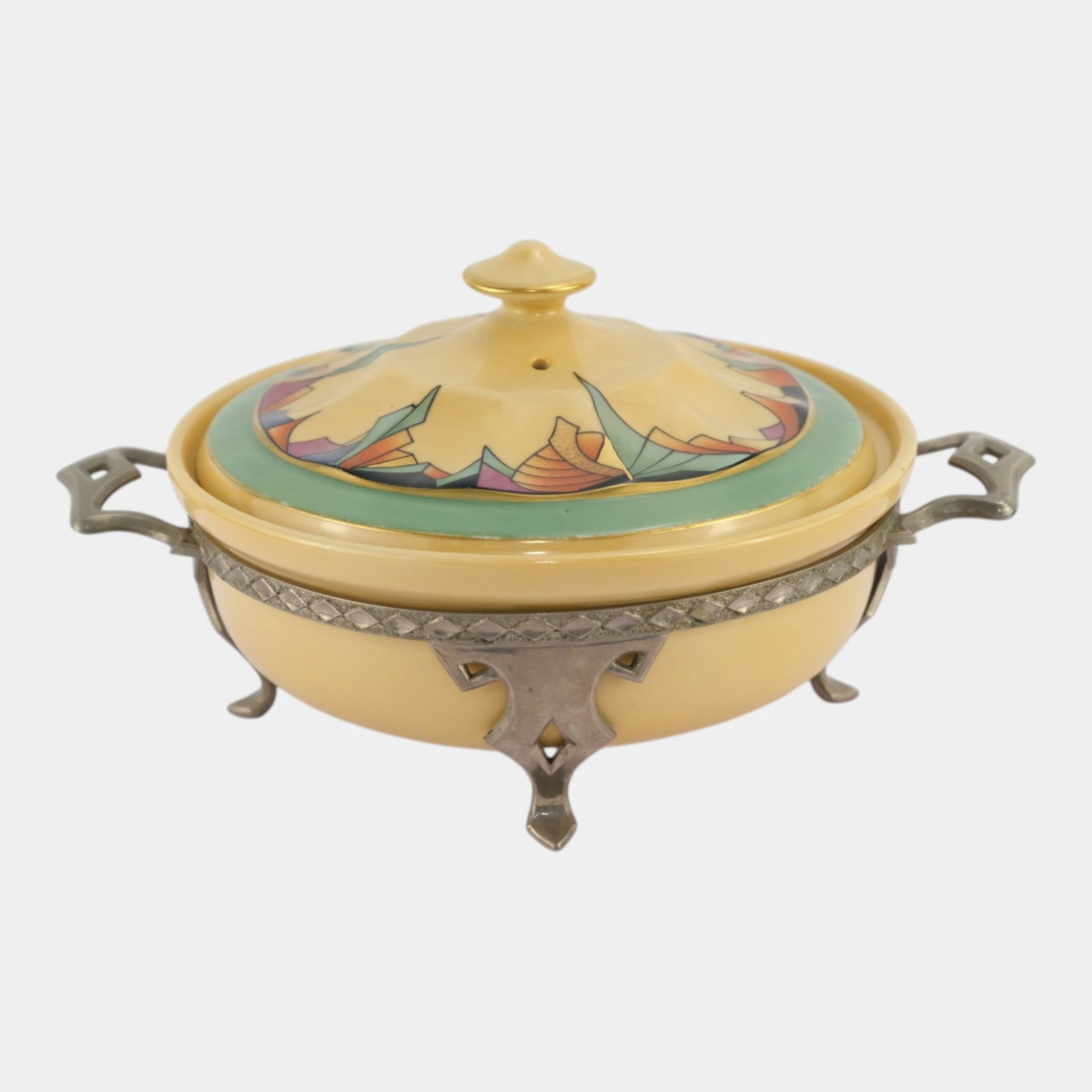 Royal Rochester & Fraunfelter China Co. 1928 Art Deco Pottery & Chrome Frame Casserole Dish (1 of 5)