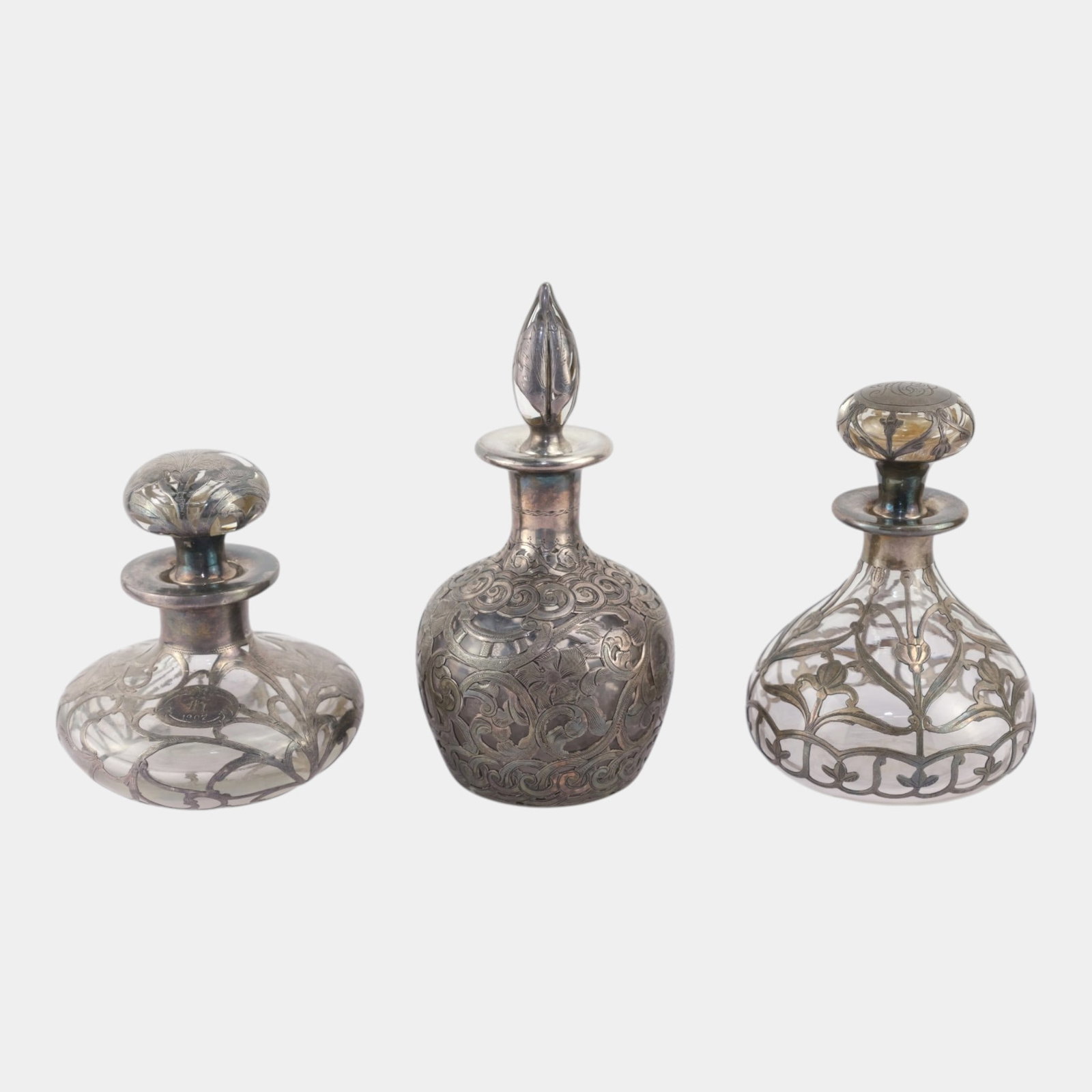 Late 19th Century Victorian Art Nouveau Fine Silver Overlay Decorated Dresser Glass Perfume Bottles (1 of 11)