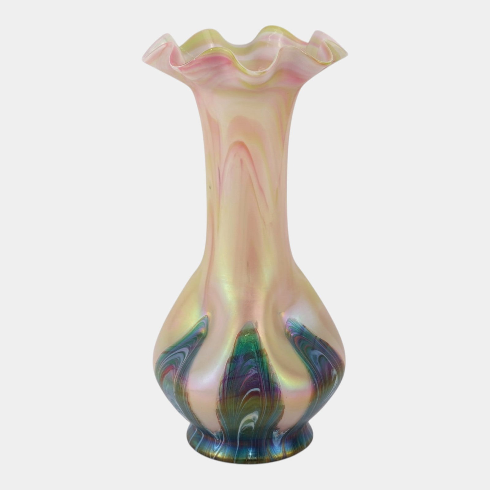 Bohemian Early 20th Century Green Purple Iridescent Pulled Feather Base With Pink Swirl Body Art (1 of 6)