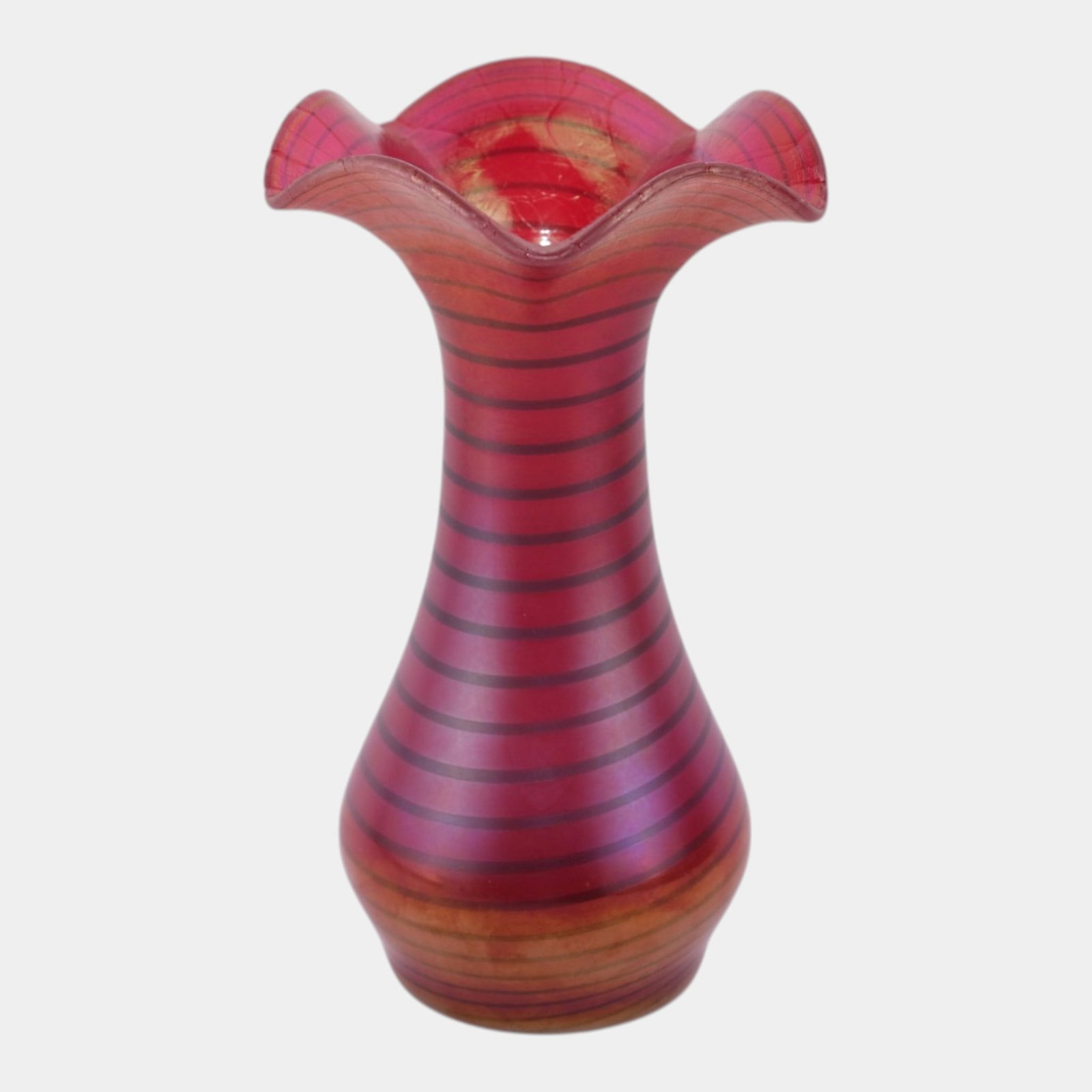 Wilhelm Kralik 20th Century Bohemian Ruby Red Spiral Design Ruffled Rim Stretch Glass Vase (1 of 6)