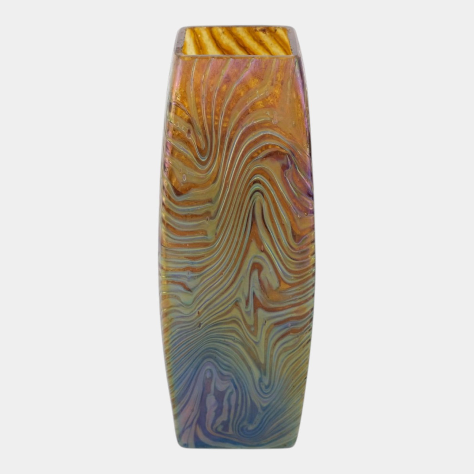 Wilhelm Kralik Sohn 1900s Blue Yellow Orange Spun Thread Tapered Square Art Glass Vase (1 of 6)