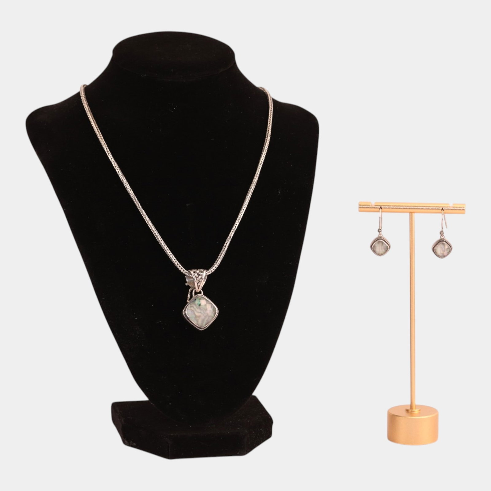Lori Bonn Sterling Silver 925 Iridescent Modernist Slide And Necklace With Matching Earrings: Professional, fast, and affordable in house shipping available for all items. Elegantly styled and softly iridescent, this modern set features a sterling silver necklace with a rounded pendant, paired