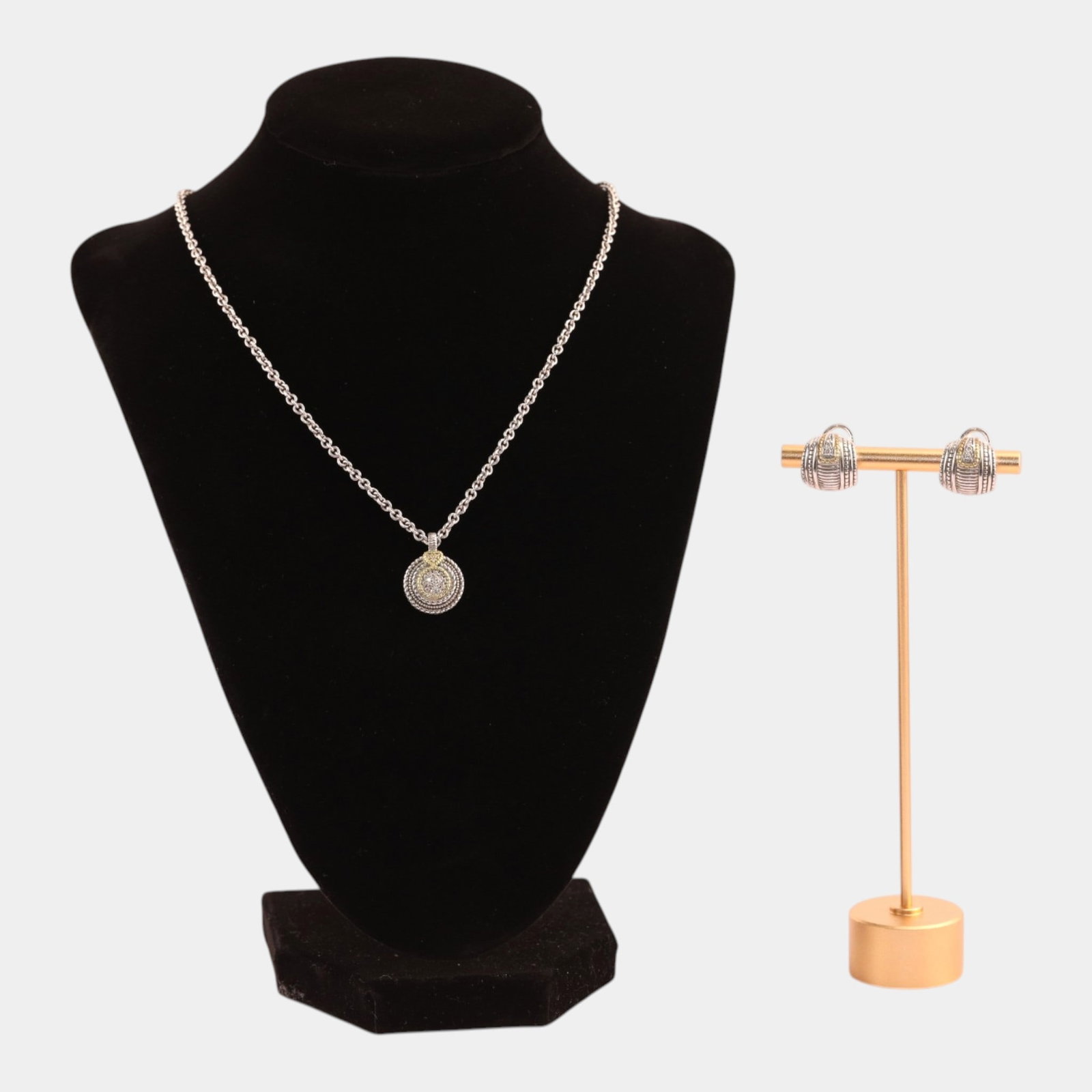 Judith Ripka JR Sterling Silver 925 With 18K Gold Accents & Diamond Necklace & Earrings Set: Professional, fast, and affordable in house shipping available for all items. Luxuriously crafted and elegantly styled, this modern designer set features a bold circular pendant and matching domed ear