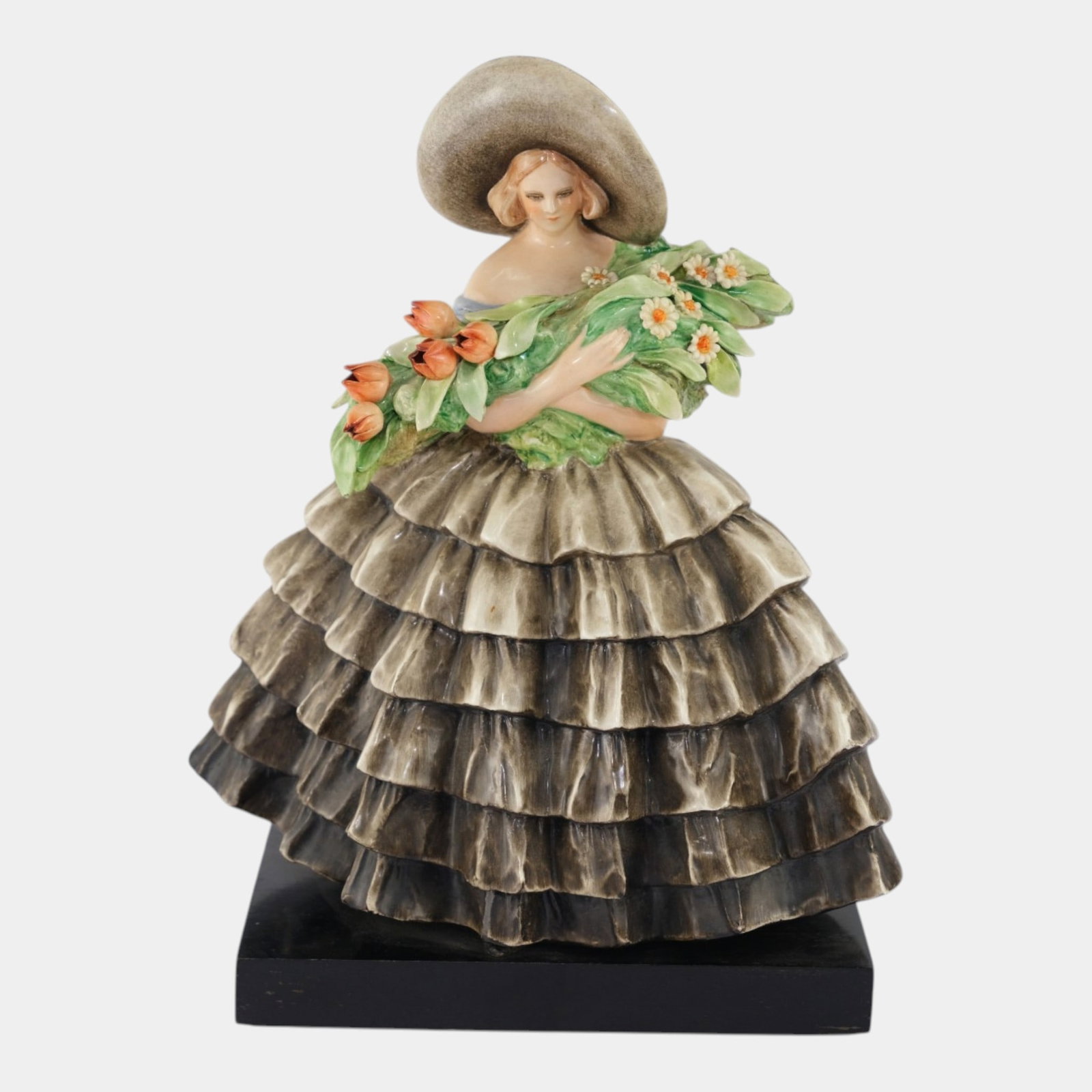 Guido Cacciapuoti (Italian, 1892-1953) 1930s Porcelain 12" Tall Woman With Bouquet Figurine On (1 of 7)