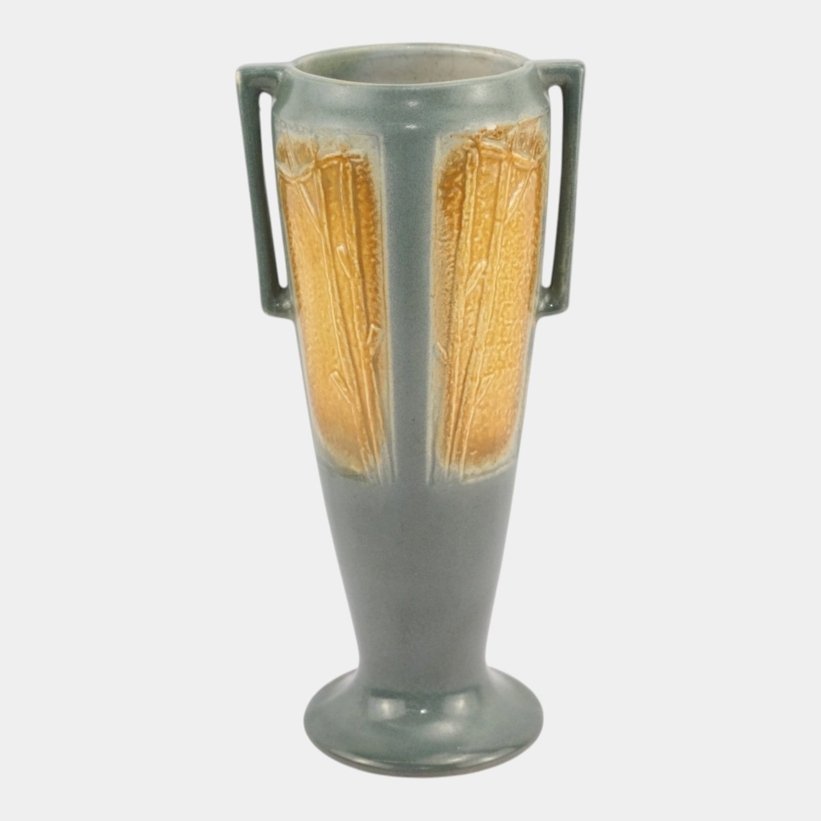 Red Wing 1930s Vintage Art Pottery Pale Blue Art Deco Handled Tree Panel Vase (1 of 7)
