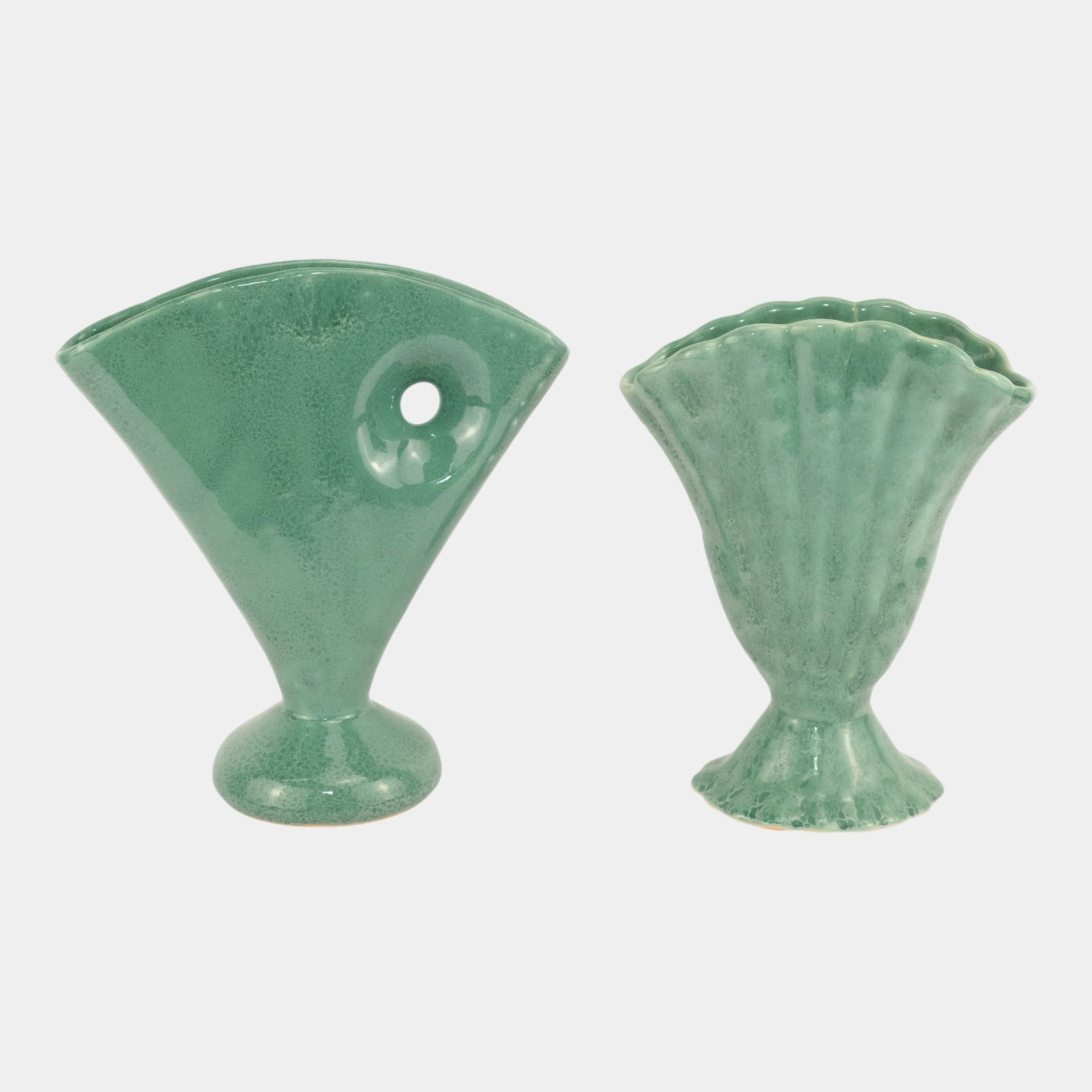 Anna Van Briggle Seafoam Green Art Deco Vases: We offer affordable in-house shipping on all items. Anna Van Briggle Seafoam Green Art Deco Vases Nice arts and crafts form with a nice glaze. Excellent condition. Shows well with factory firing line 