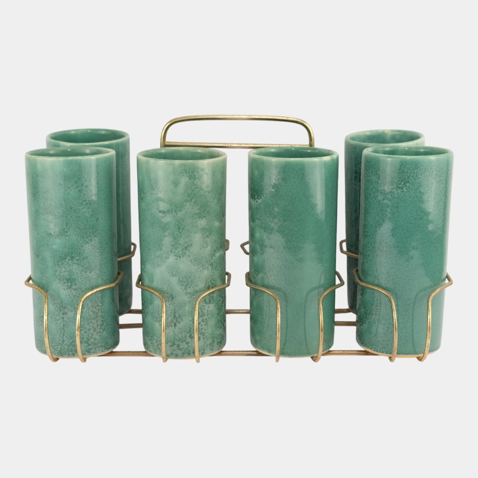Anna Van Briggle Vintage Art Pottery Green Glasses Set Of Six With Carrier (1 of 5)