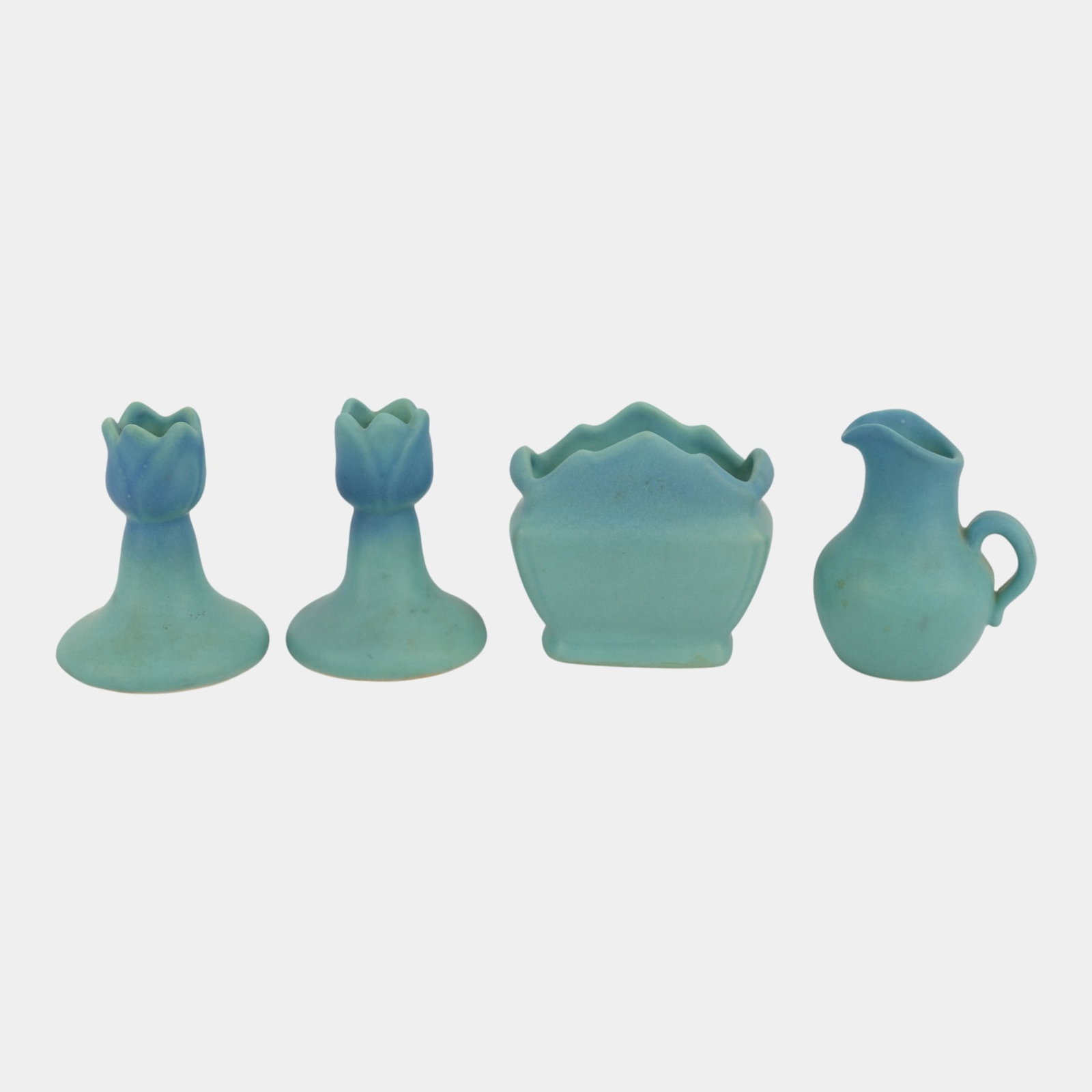 Van Briggle Pottery Mid Century Modern Vase Candleholders Pitcher: We offer affordable in-house shipping on all items. Van Briggle Pottery Mid Century Modern Vase Candleholders Pitcher Excellent original condition. No chips, cracks, damage or repair of any kind. Bott