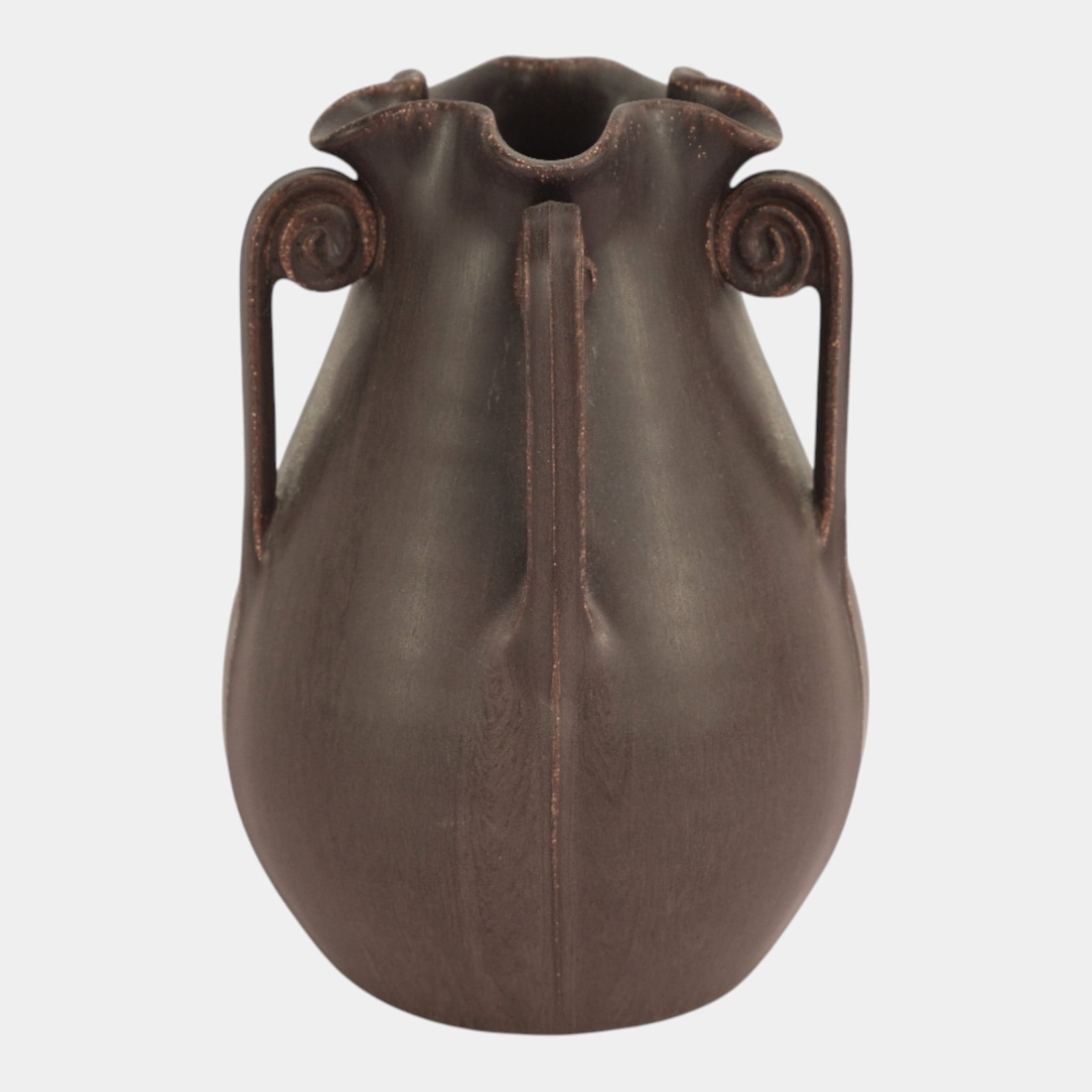 Ephraim Faience 2007 Arts And Crafts Matte Purple Glaze Star Fern Vase: We offer affordable in-house shipping on all items. Ephraim Faience 2007 Arts And Crafts Matte Purple Glaze Star Fern Vase Refined Arts and Crafts vase with elegant scroll handles and softly ruffled r