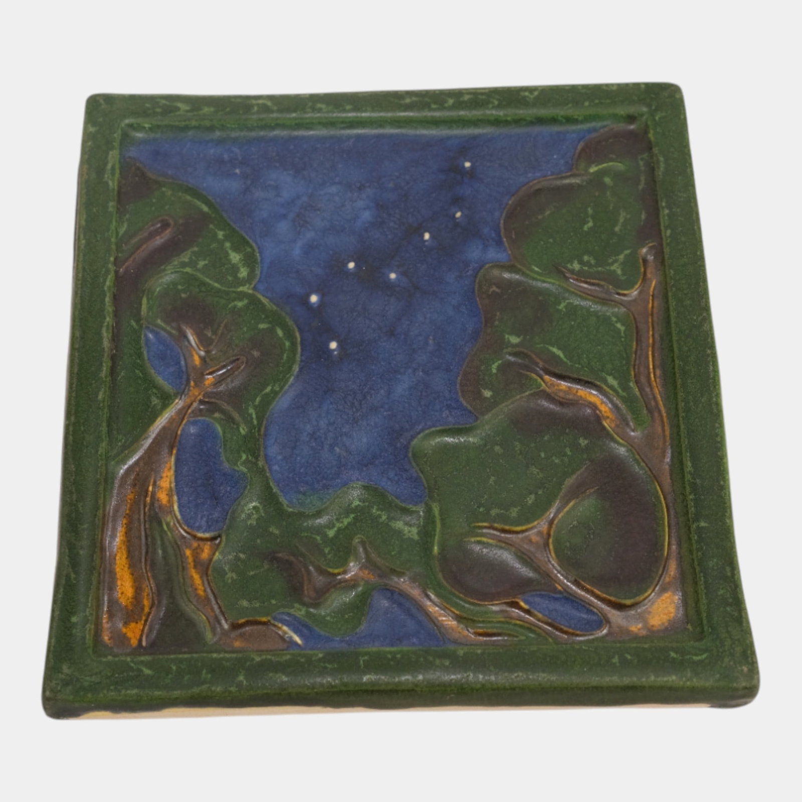 Ephraim Faience 2003 Arts And Crafts Blue Green Starry Night Art Pottery Tile (1 of 2)