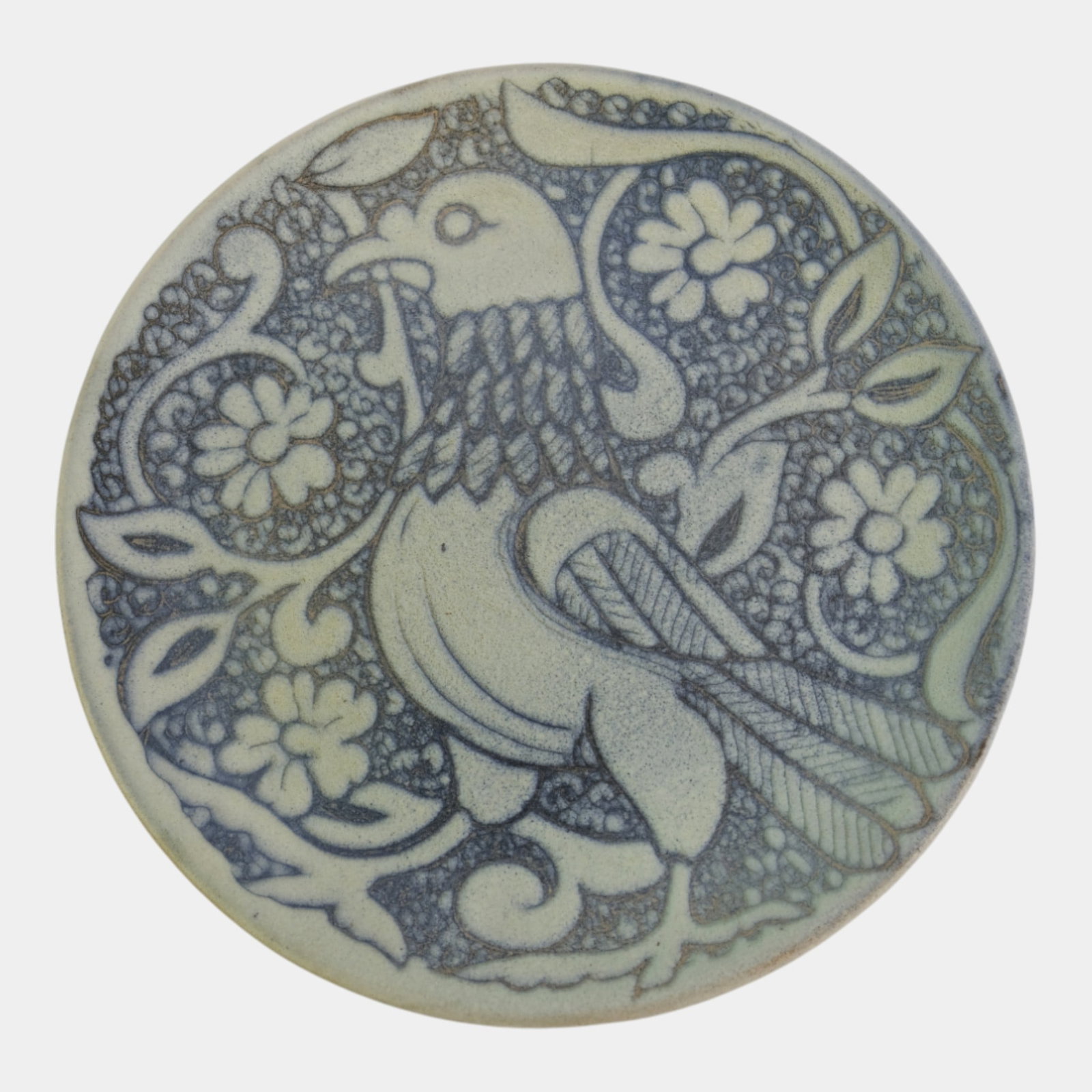 Studio Art Pottery Blue Matte Glaze Floral Bird Motif Wall Charger Plate (1 of 3)