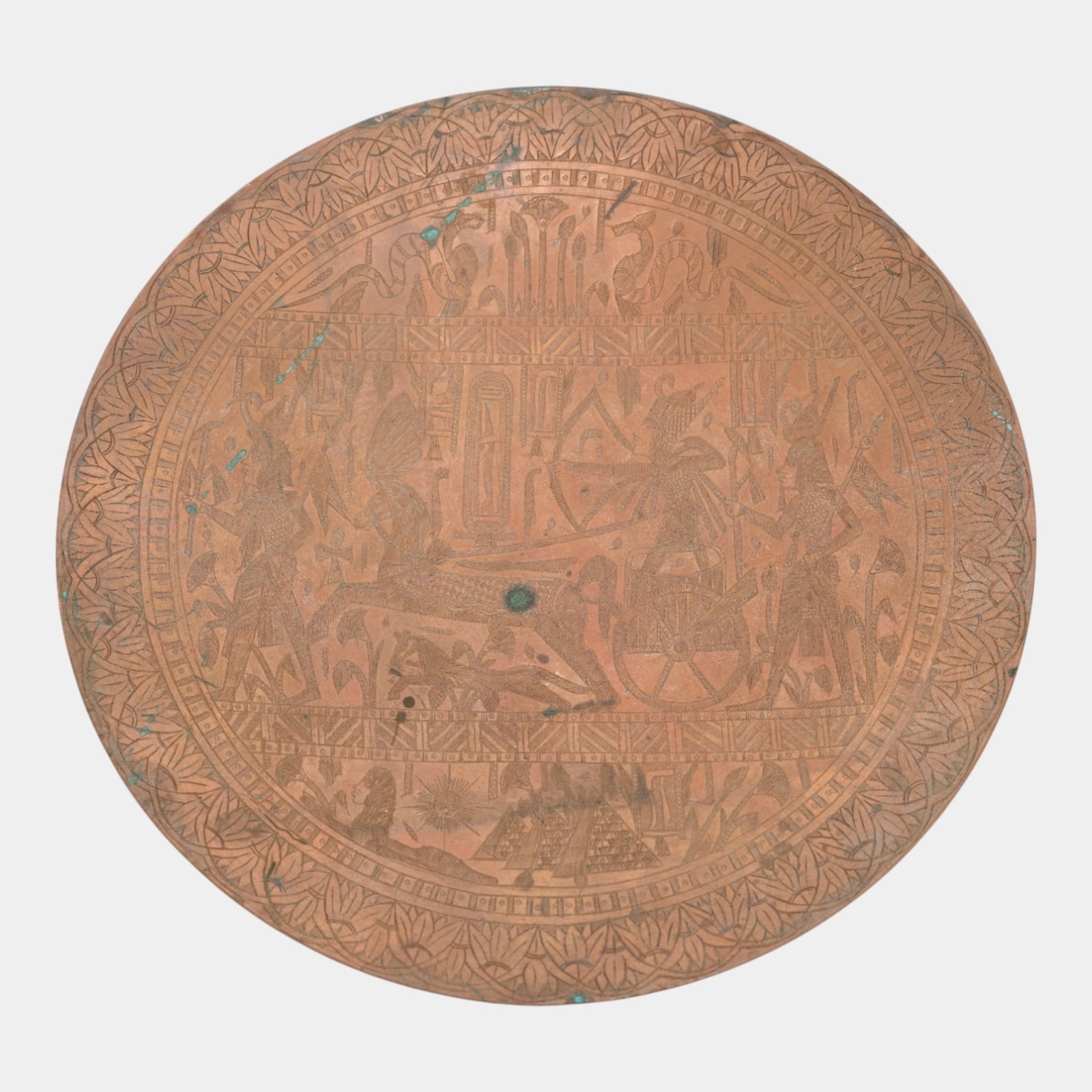 Egyptian Revival Hieroglyphic Copper Dish With Pyramids And Lotus Banded Rim (1 of 3)