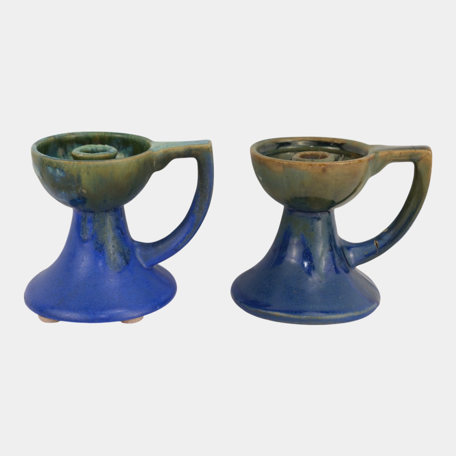 Fulper Vasekraft Blue Green Drip Glaze Chambersticks: We offer affordable in-house shipping on all items. Fulper Vasekraft Blue Green Drip Glaze Chambersticks Both candleholders have damage to handles as shown. Bottom marked as shown. Tallest candleholde