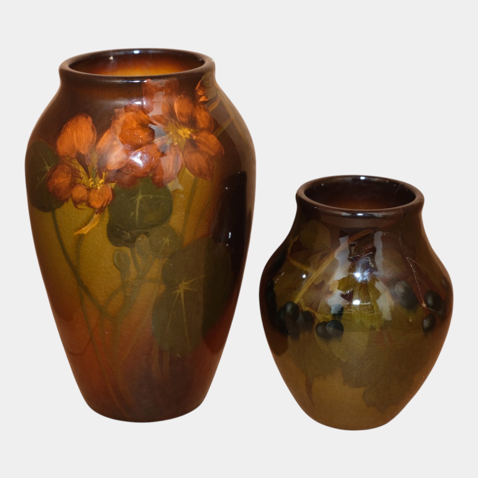 Rookwood Pottery 1903 Brown Standard Glaze Vases Steinle & Van Briggle: We offer affordable in-house shipping on all items. Rookwood Pottery 1903 Brown Standard Glaze Vases Steinle & Van Briggle Taller vase has hairlines to rim. Shorter vase has hairlines to rim and chips