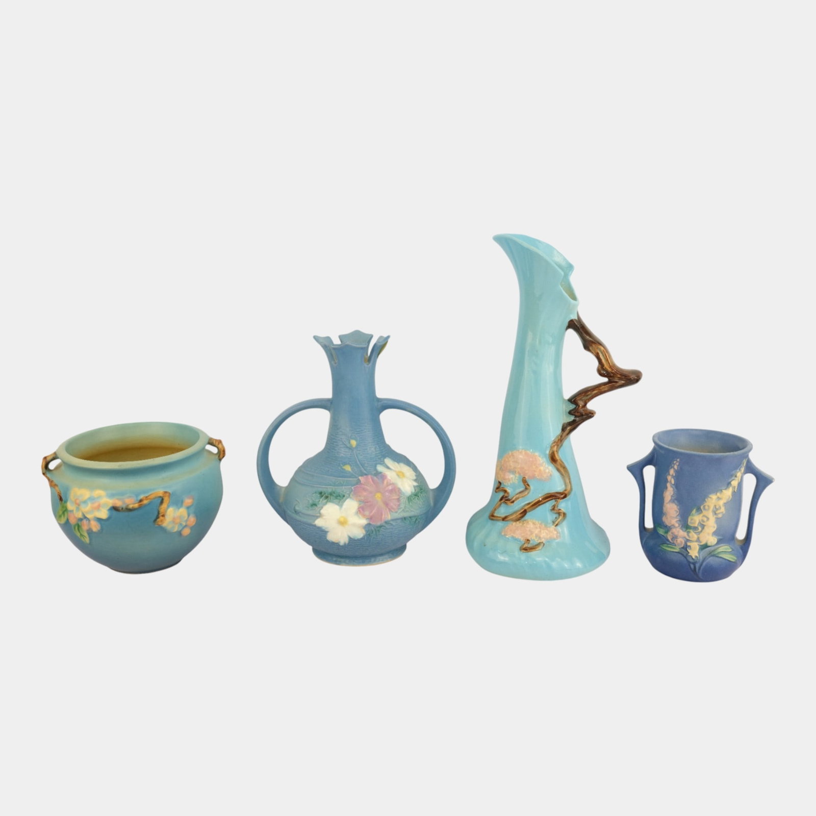 Roseville Ming Tree Cosmos Apple Blossom Foxglove Vases: We offer affordable in-house shipping on all items. Roseville Ming Tree Cosmos Apple Blossom Foxglove Vases Excellent condition. Cosmos has minor chip to rim. Apple Blossom has tiny hairline to rim. A