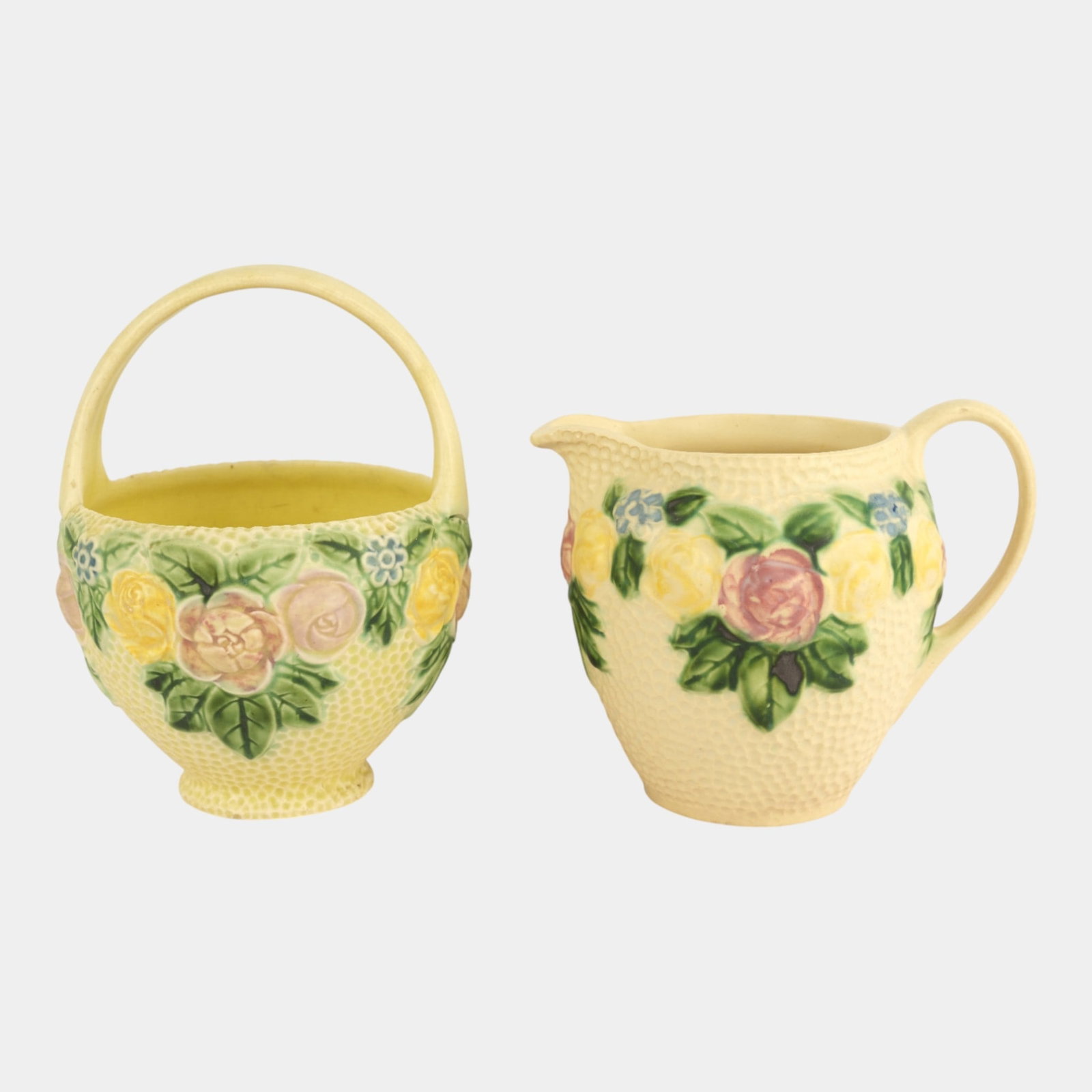 Roseville Rozane Pitcher Handled Basket: We offer affordable in-house shipping on all items. Roseville Rozane Pitcher Handled Basket Excellent condition. Handle Basket shows well with minor chip to base as shown. Age related wear. Bottoms ma