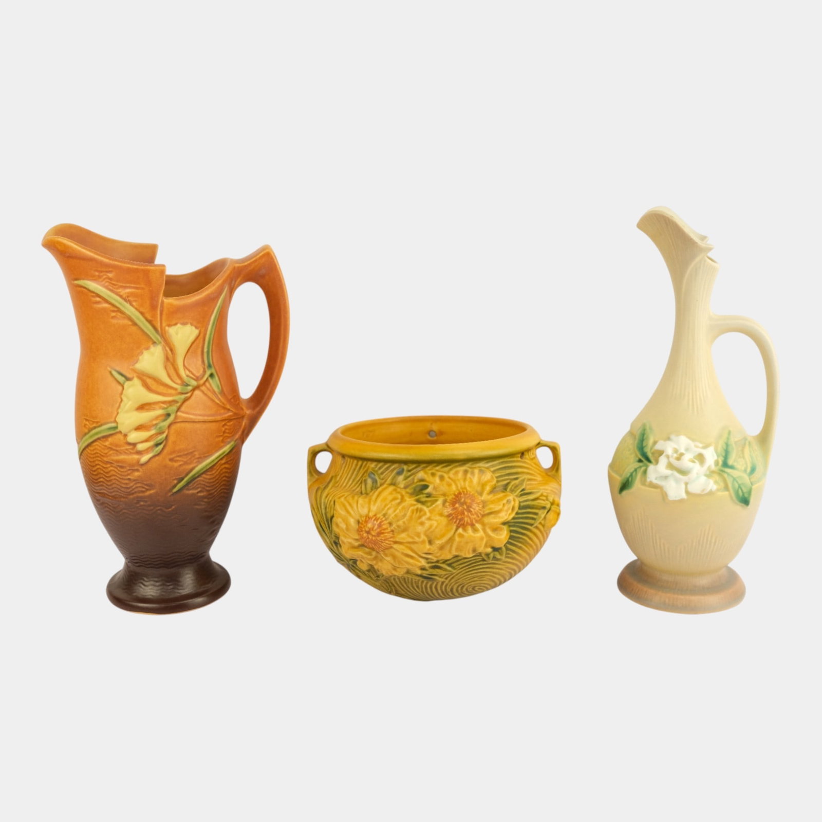 Roseville Freesia Peony Gardenia Pitcher Ewer Hanging Basket: We offer affordable in-house shipping on all items. Roseville Freesia Peony Gardenia Pitcher Ewer Hanging Basket Excellent condition. Age related wear. Bottoms marked as shown. Tallest item is 11" tal