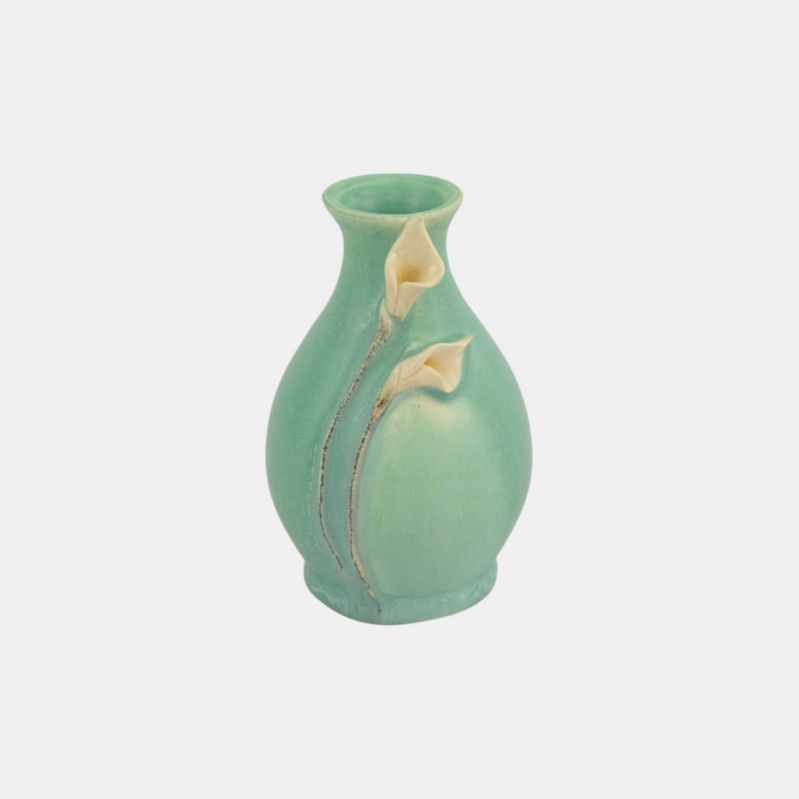 Ephraim Faience 2022 Pot Of The Week Seaspray Green Calla Lily Miniature Vase: We offer affordable in-house shipping on all items. Ephraim Faience 2022 Pot Of The Week Seaspray Green Calla Lily Miniature Vase Ephraim Faience vase in soft aqua matte glaze featuring two raised ivo