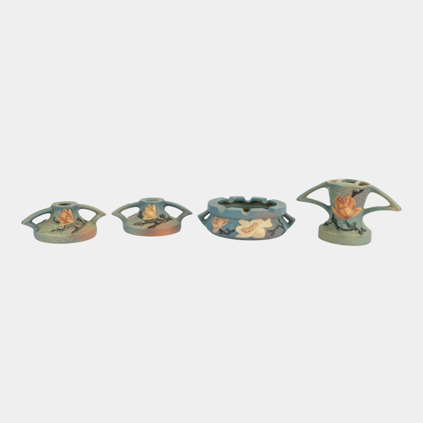 Roseville Magnolia Blue Vintage Art Pottery Ash Tray Flower Frog Candleholders (1 of 3)