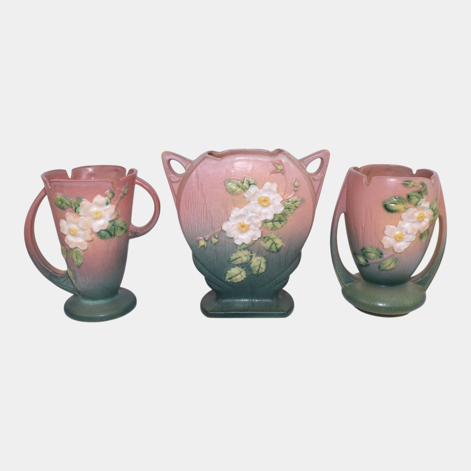Roseville White Rose Pink Vintage Art Pottery Ceramic Handled Vases (1 of 3)