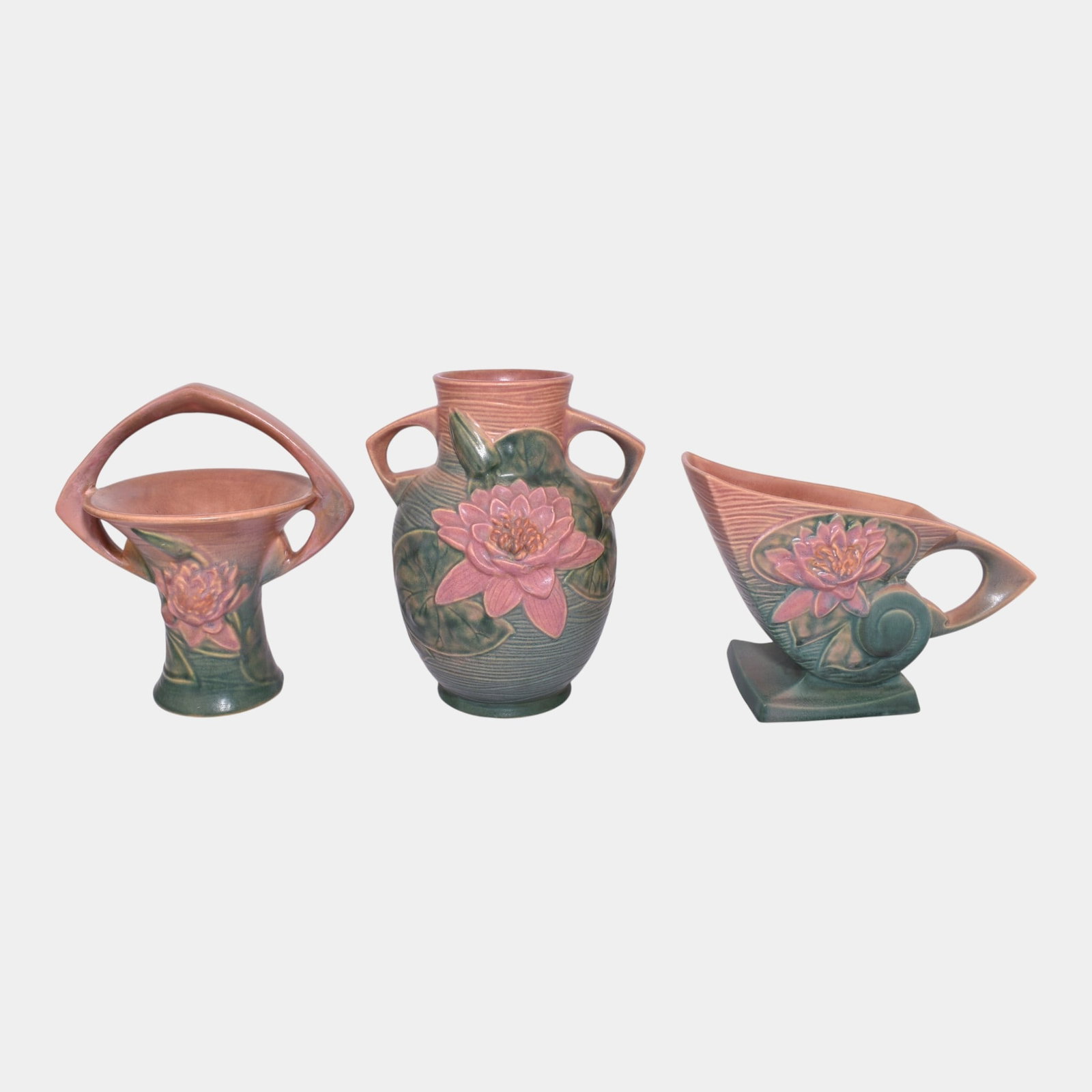 Roseville Water Lily Pink Vintage Art Pottery Ceramic Vases Basket: We offer affordable in-house shipping on all items. Roseville Water Lily Pink Vintage Art Pottery Ceramic Vases Basket Excellent condition. Basket shows well with minor repair to rim as shown. Age rel