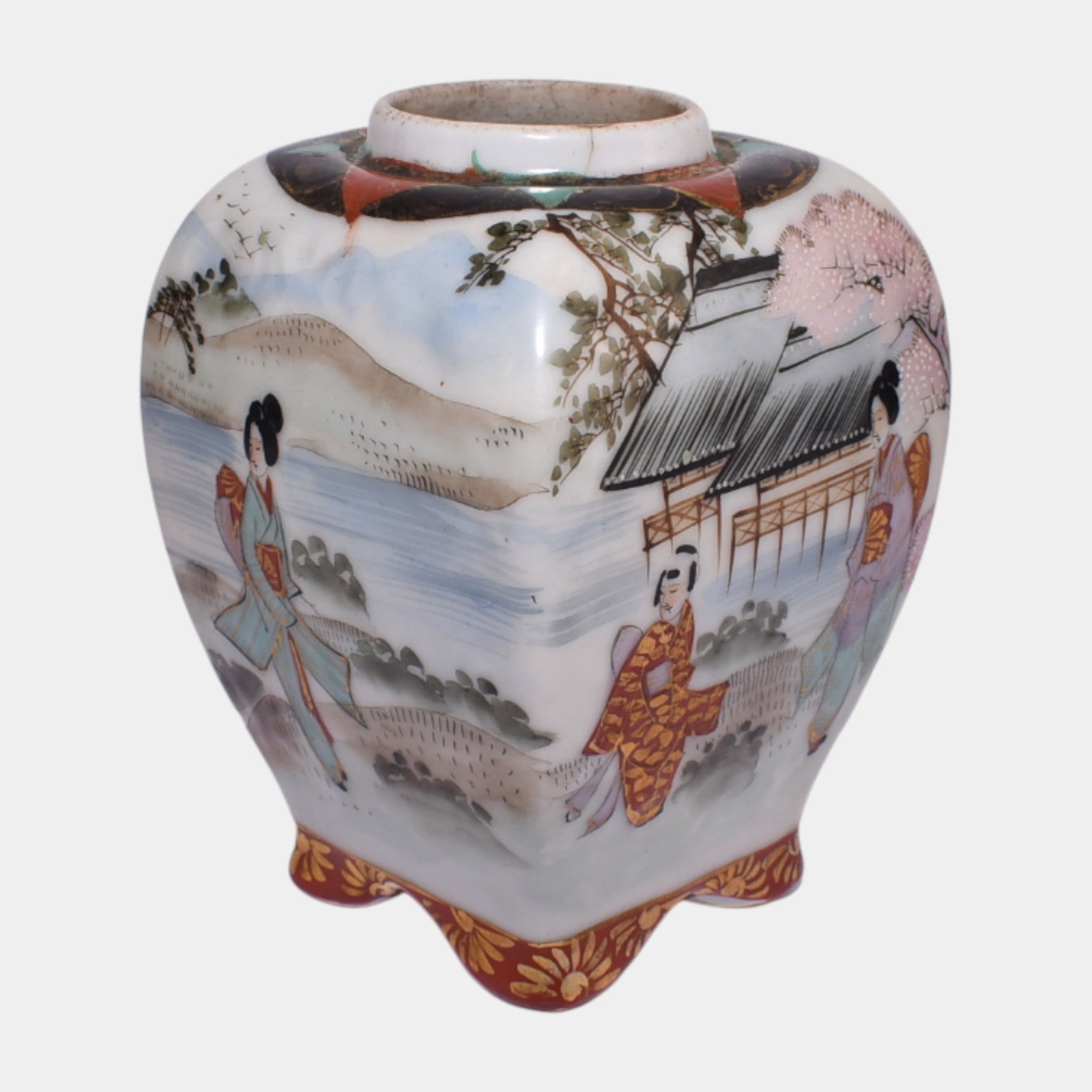 Japanese Mid Century Hand Painted Satsuma Four Sided Vase: We offer affordable in-house shipping on all items. Japanese Mid Century Hand Painted Satsuma Four Sided Vase Excellent condition. Shows well with tight hairline to rim. Age related wear. Bottom marke