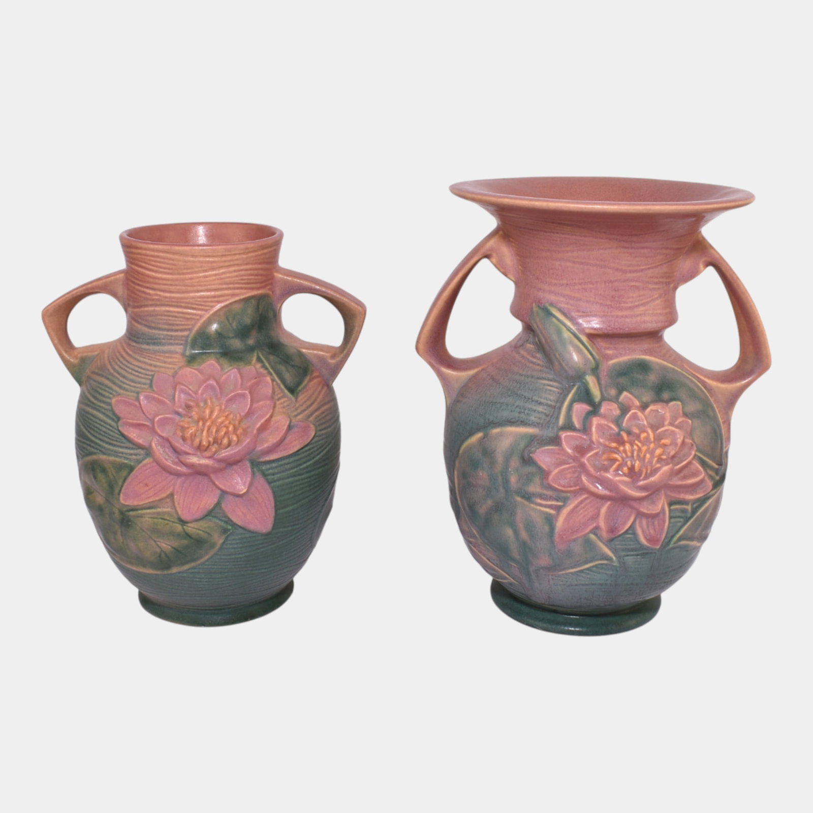 Roseville Water Lily Pink Vintage Art Pottery Ceramic Vases: We offer affordable in-house shipping on all items. Roseville Water Lily Pink Vintage Art Pottery Ceramic Vases Largest vase has minor chip to rim. Bottom marked as shown. Tallest vase is 9 1/2" tall 