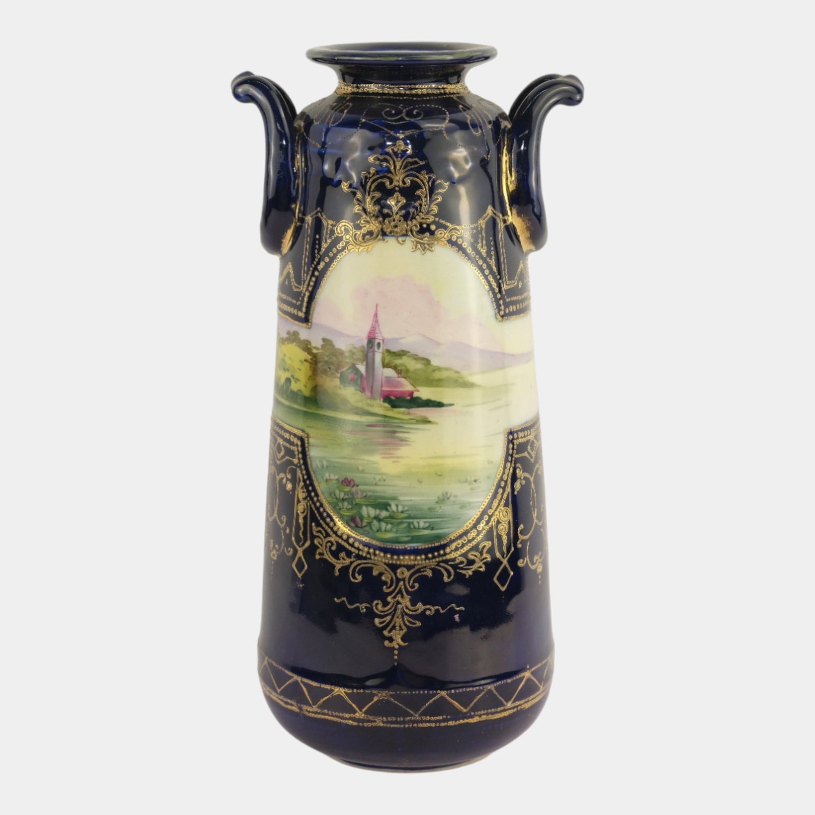 Nippon Japanese Porcelain Hand Painted Cobalt Blue Scenic Church Vase (1 of 3)