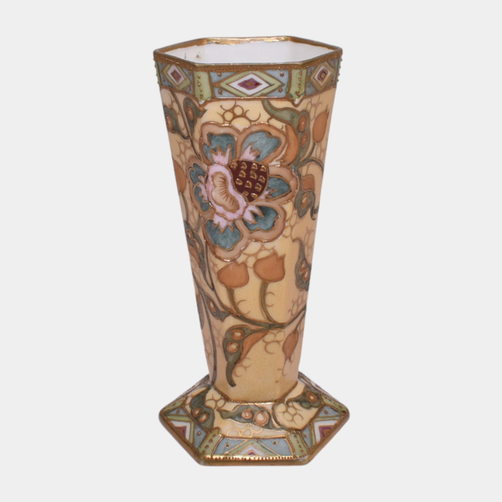 Morimura Brothers Japanese Hand Painted Gold Gilt Floral Hexagonal Vase: We offer affordable in-house shipping on all items. Morimura Brothers Japanese Hand Painted Gold Gilt Floral Hexagonal Vase Excellent condition. Age related wear. Bottom marked as shown. 5 1/2" tall a