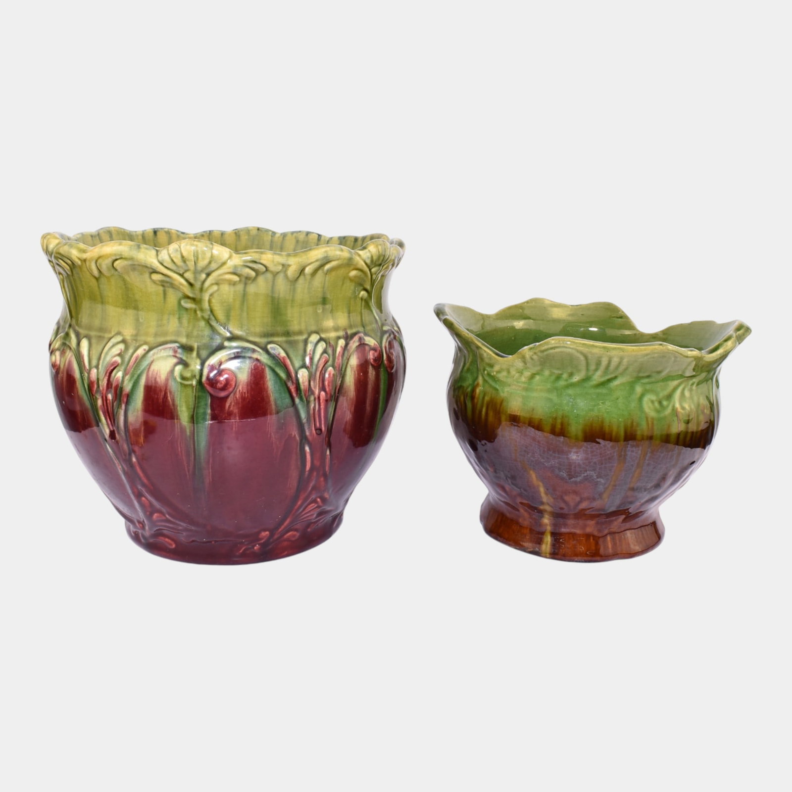 American Art Pottery Vintage Blended Majolica Brown Green Jardiniere Planters: We offer affordable in-house shipping on all items. American Art Pottery Vintage Blended Majolica Brown Green Jardiniere Planters Nice form with great color and glaze. Excellent condition. Age related