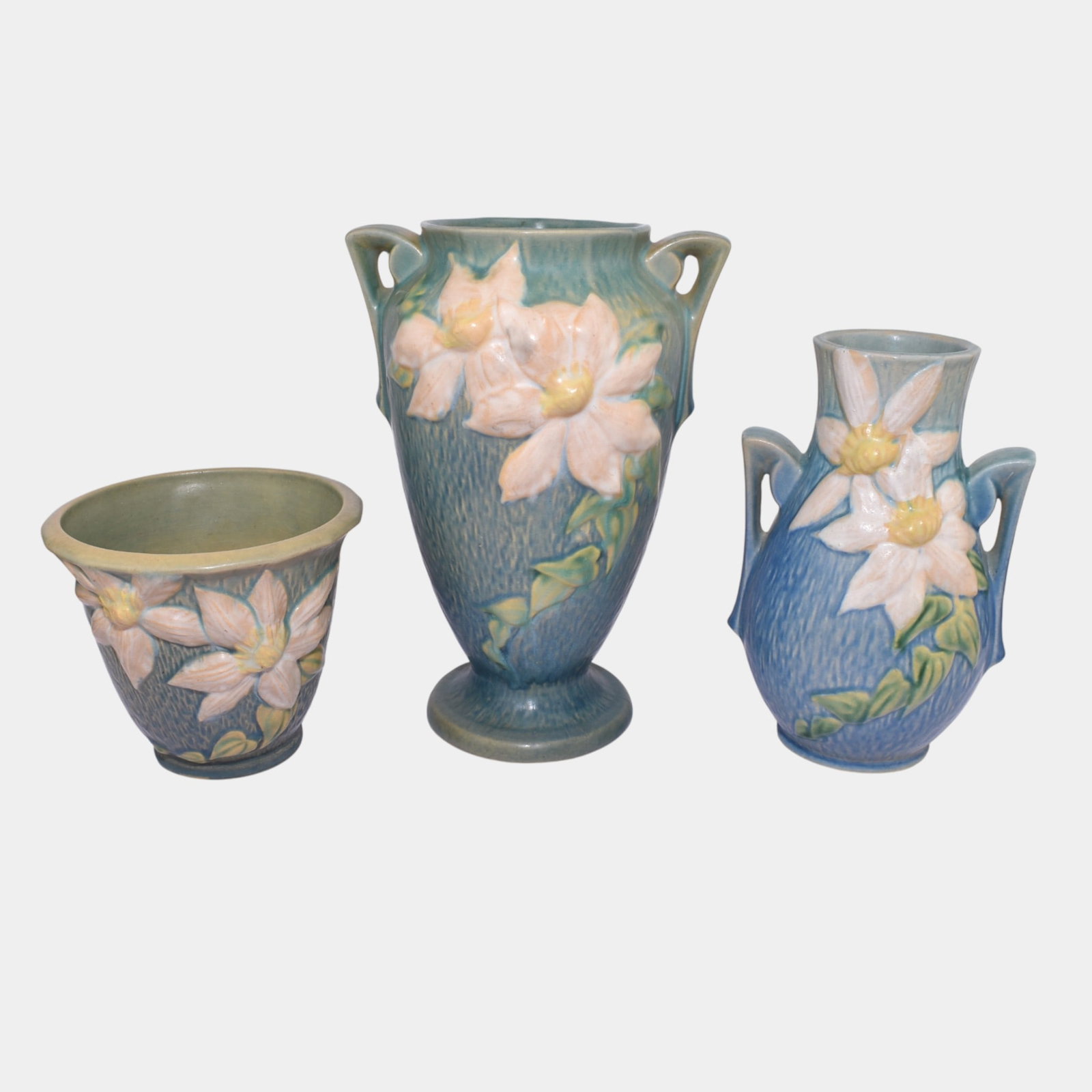Roseville Clematis Blue Vintage Art Pottery Ceramic Vases and Planter: We offer affordable in-house shipping on all items. Roseville Clematis Blue Vintage Art Pottery Ceramic Vases and Planter Nice mold and color. Excellent original condition. No chips, cracks, damage or