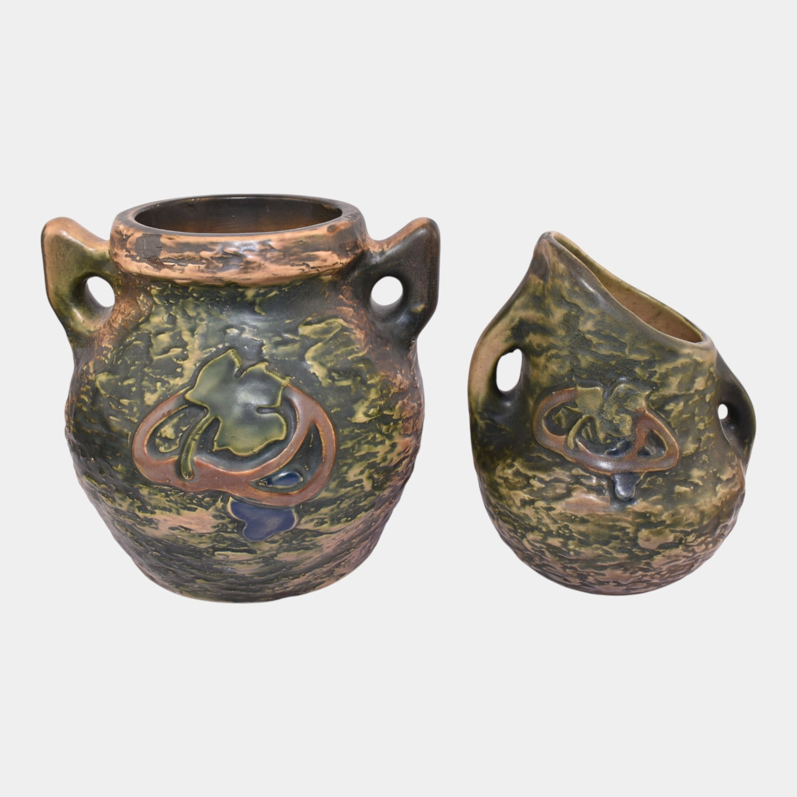 Roseville Imperial I Brown 1921 Vintage Art Pottery Ceramic Vases: We offer affordable in-house shipping on all items. Roseville Imperial I Brown 1921 Vintage Art Pottery Ceramic Vases Nice mold and color. Largest vase has repair to rim. Age related wear. Tallest vas