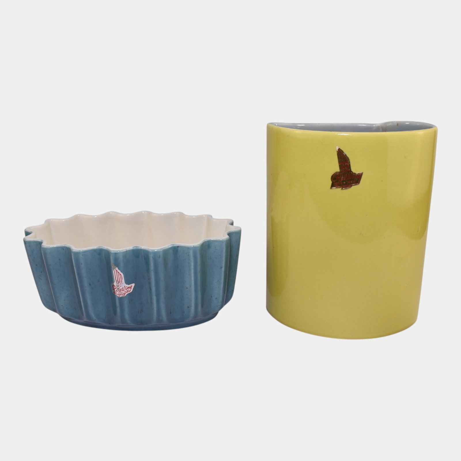 Red Wing Art Pottery Mid Century Modern Yellow Blue Vase Bowl: We offer affordable in-house shipping on all items. Redwing Art Pottery Mid Century Modern Yellow Blue Vase Bowl Excellent condition. Age related wear. Bottom marked as shown. Vase is 7" tall and 5 3/