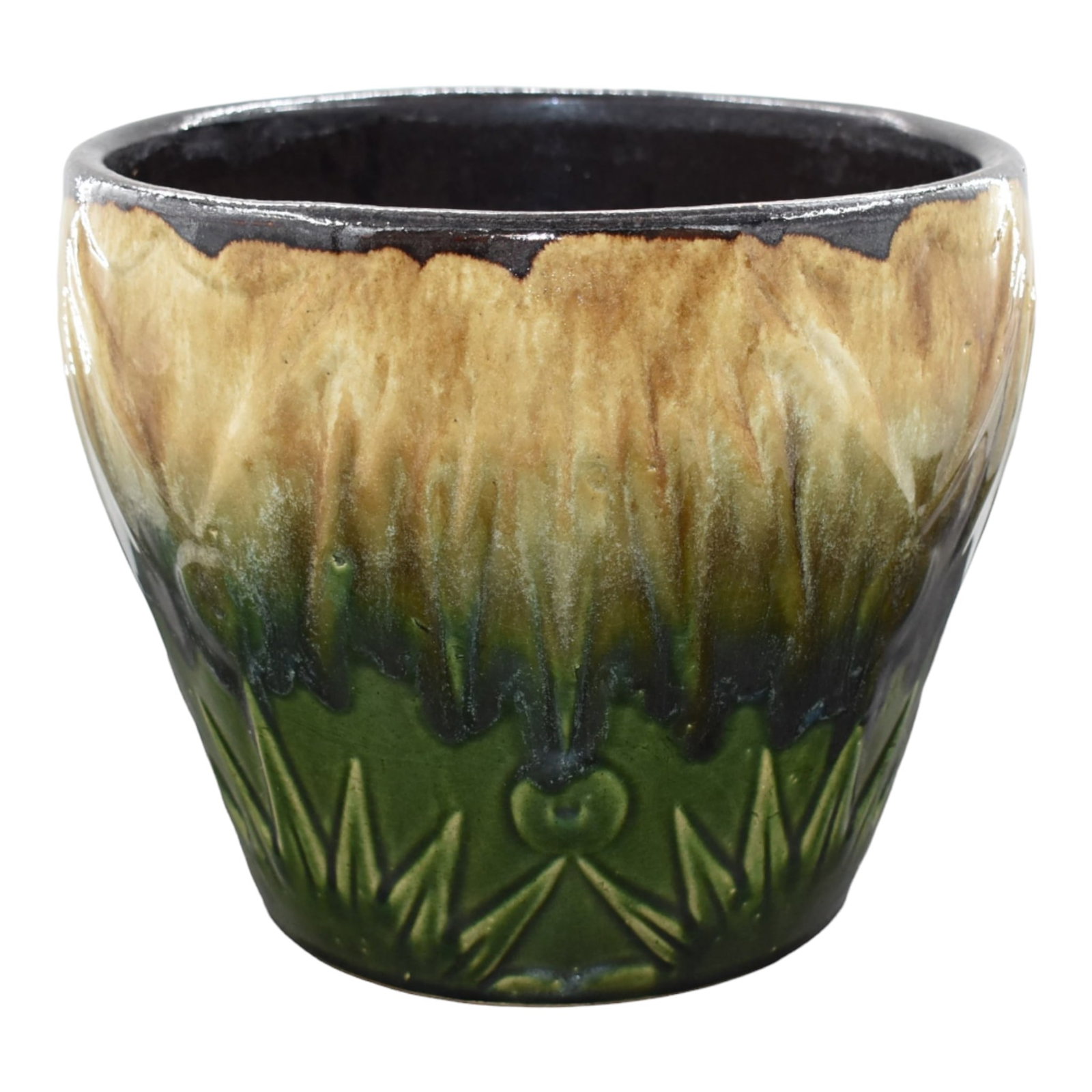 Robinson Ransbottom 1980s Green Brown Sun And Moon Jardiniere Flower Pot 1400-9: We offer affordable in-house shipping on all items. Robinson Ransbottom 1980s Green Brown Sun And Moon Jardiniere Flower Pot 1400-9 Large and very colorful form. Excellent condition. Drill hole in the