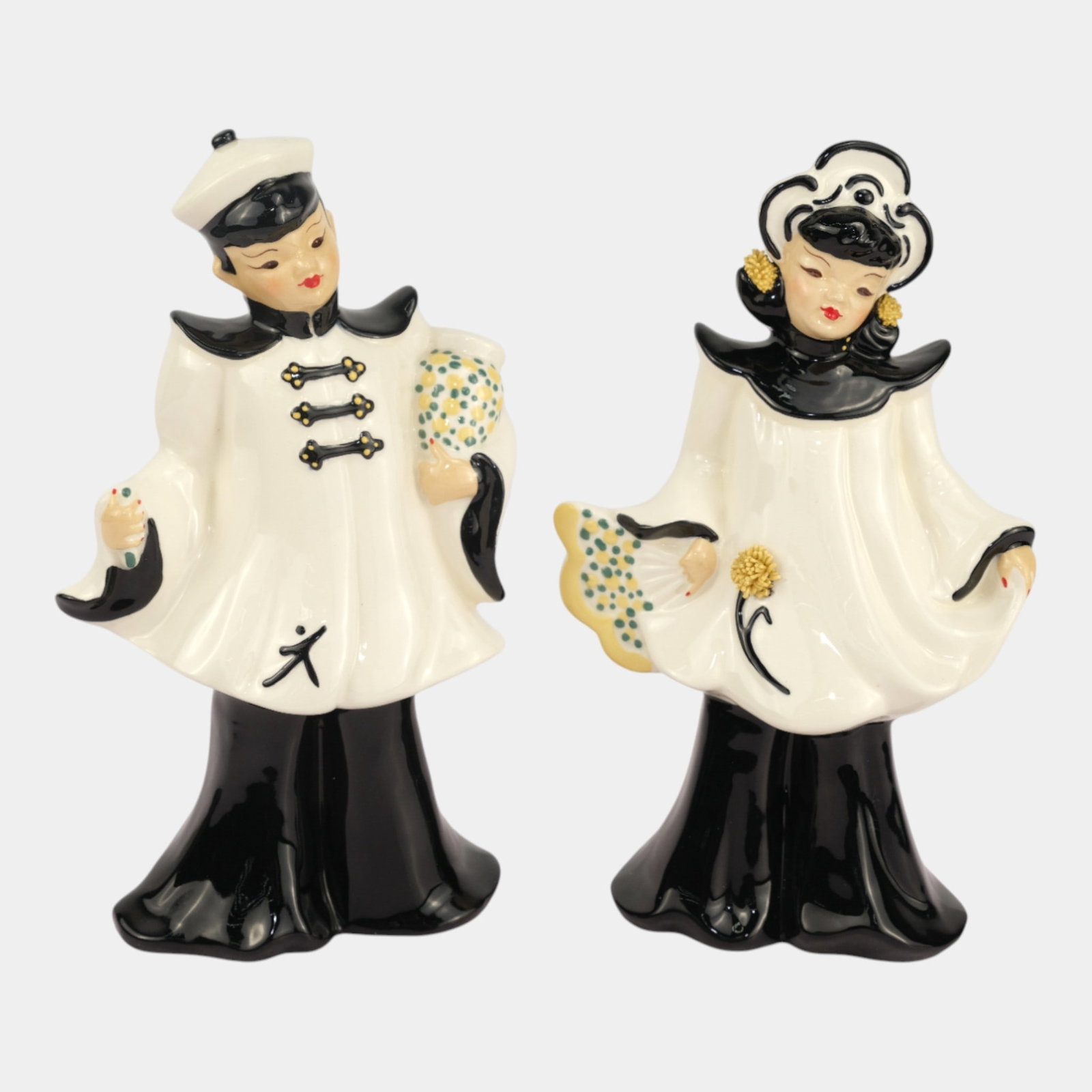 Florence Ceramics California Mid Century Hand Painted Asian Couple Figurines: We offer affordable in-house shipping on all items. Florence Ceramics California Mid Century Hand Painted Asian Couple Figurines Excellent condition. Age related wear. Bottom marked as shown. Tallest 